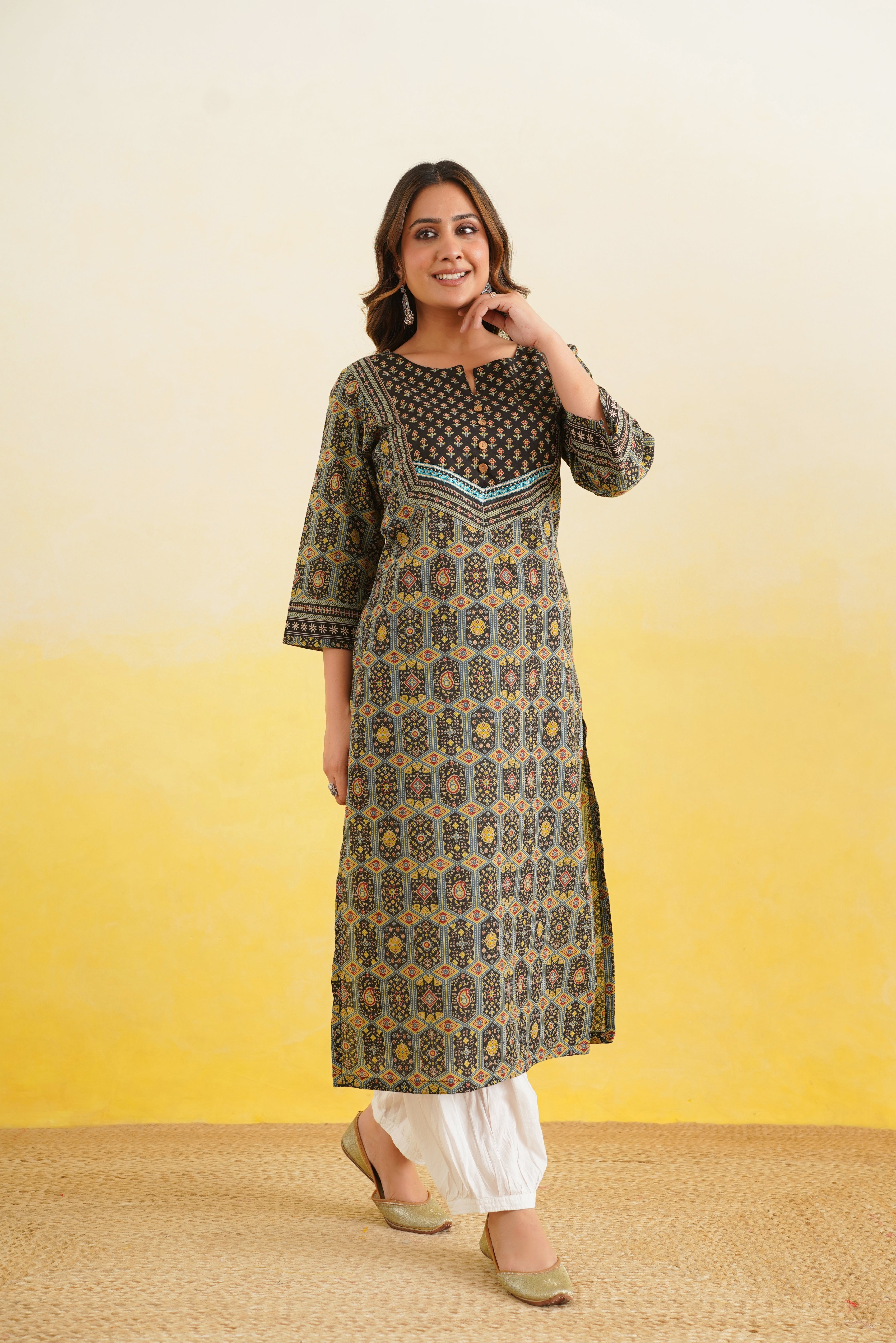 Black Geometric Printed Cotton Kurta