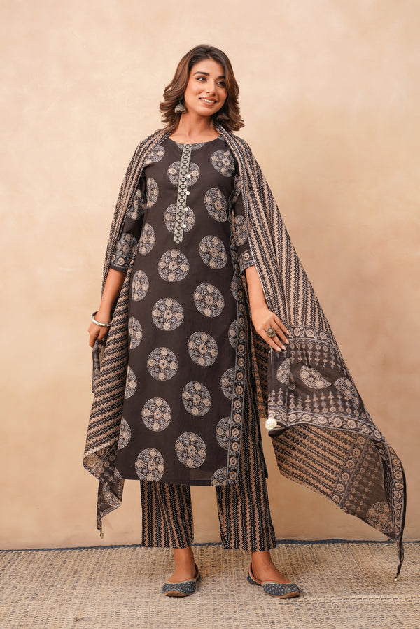Black Geometric Printed Cotton Suit Set