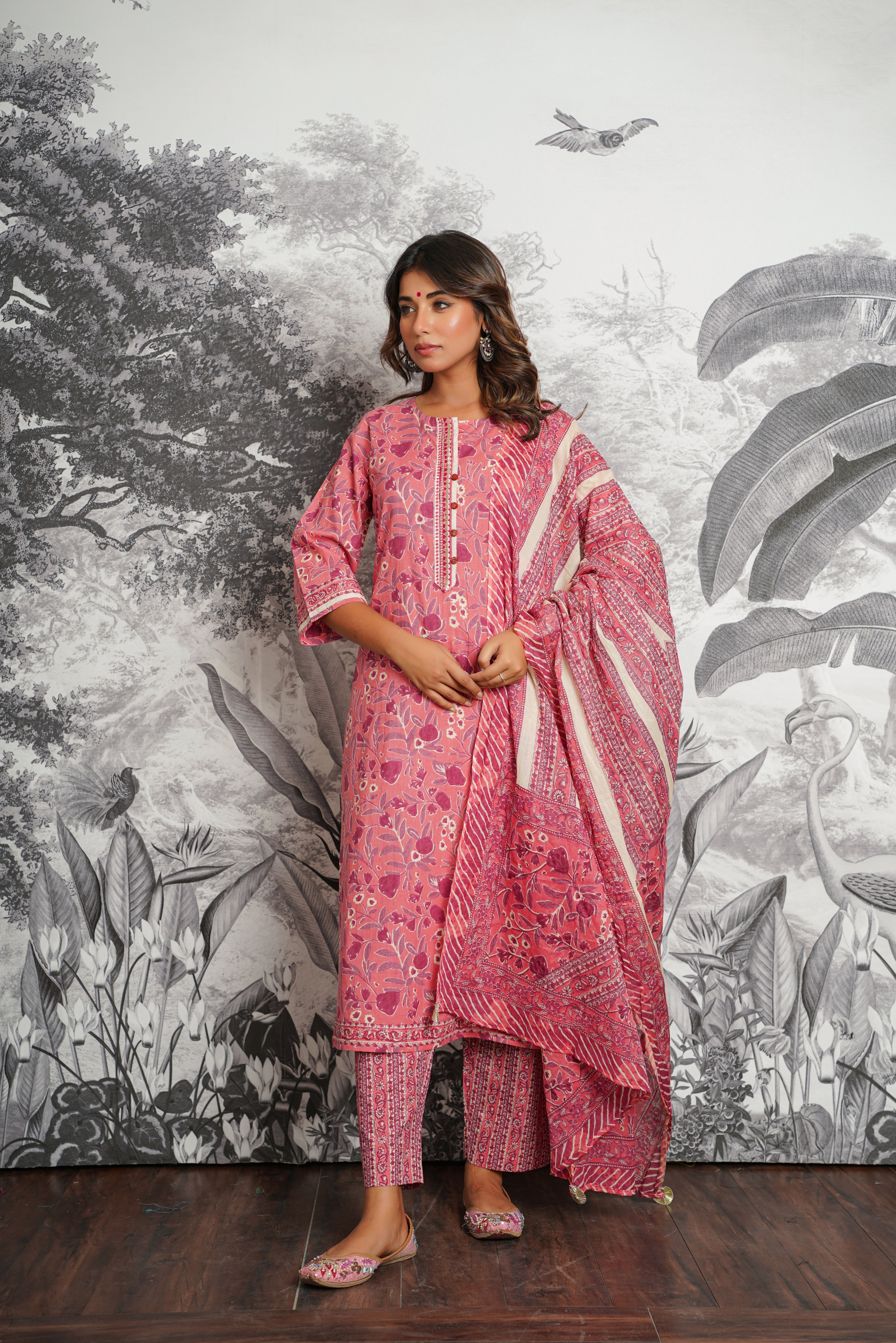 Pink Floral Printed Cotton Suit Set
