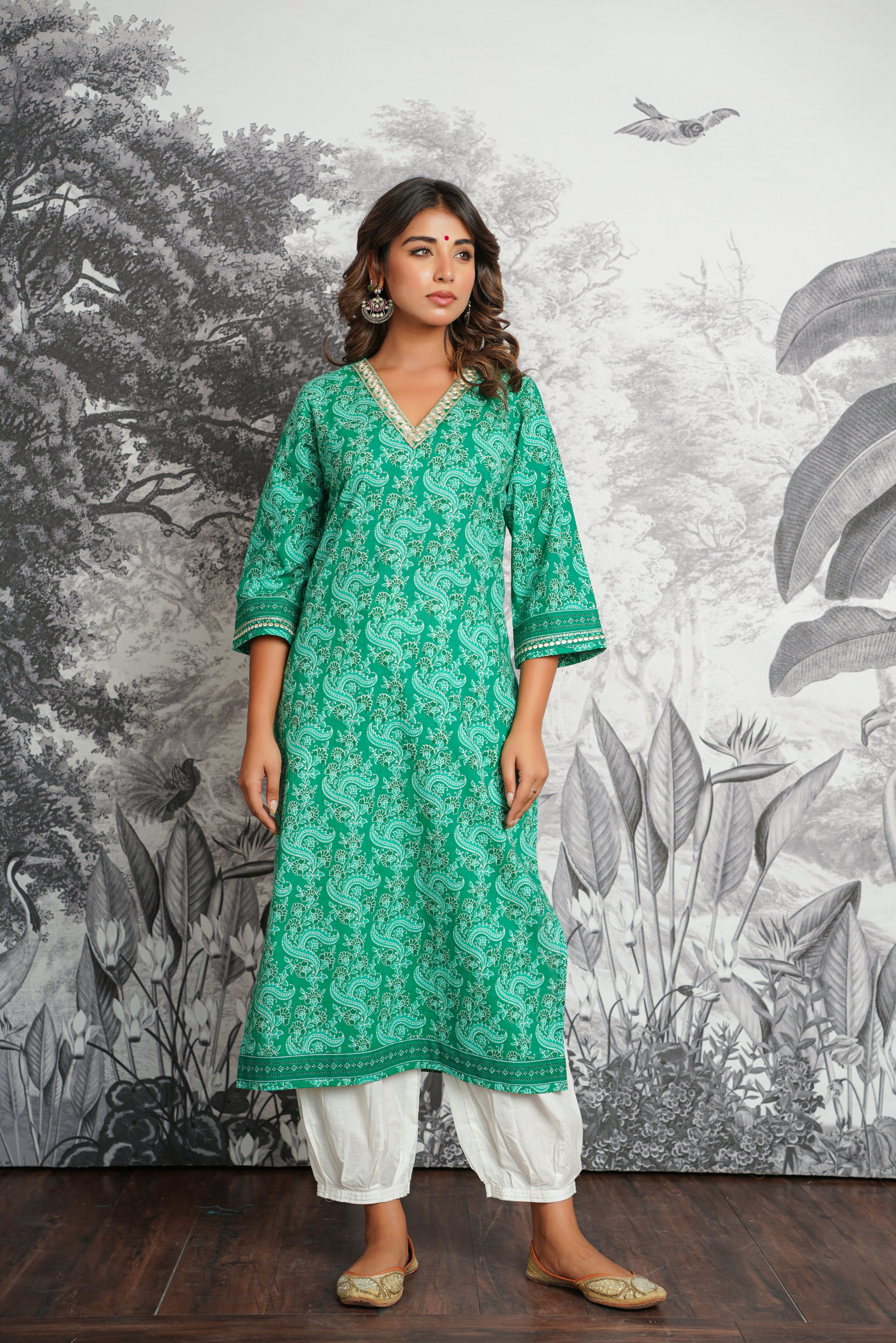 Green Floral Printed Cotton Kurta