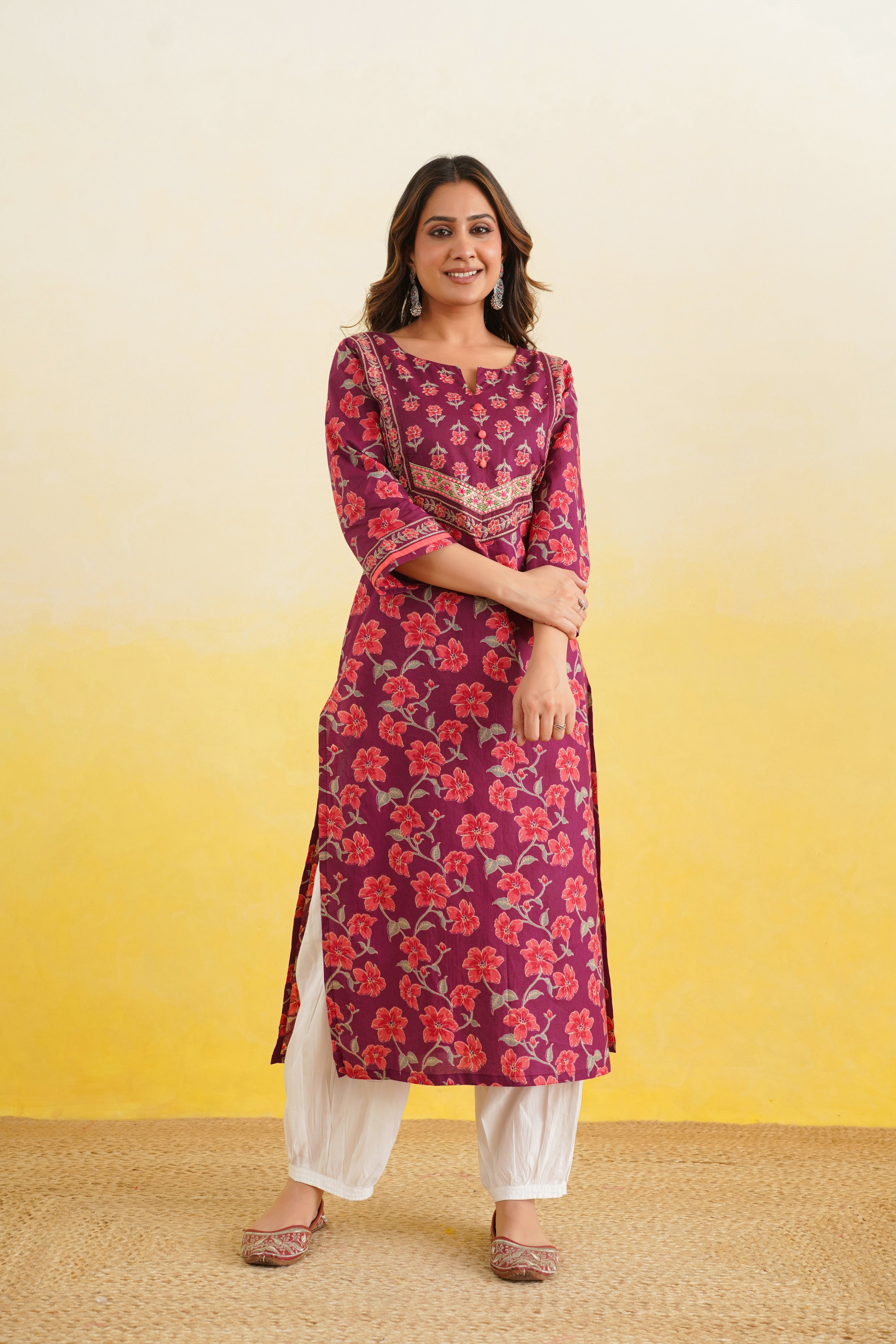 Wine Floral Printed Cotton Kurta