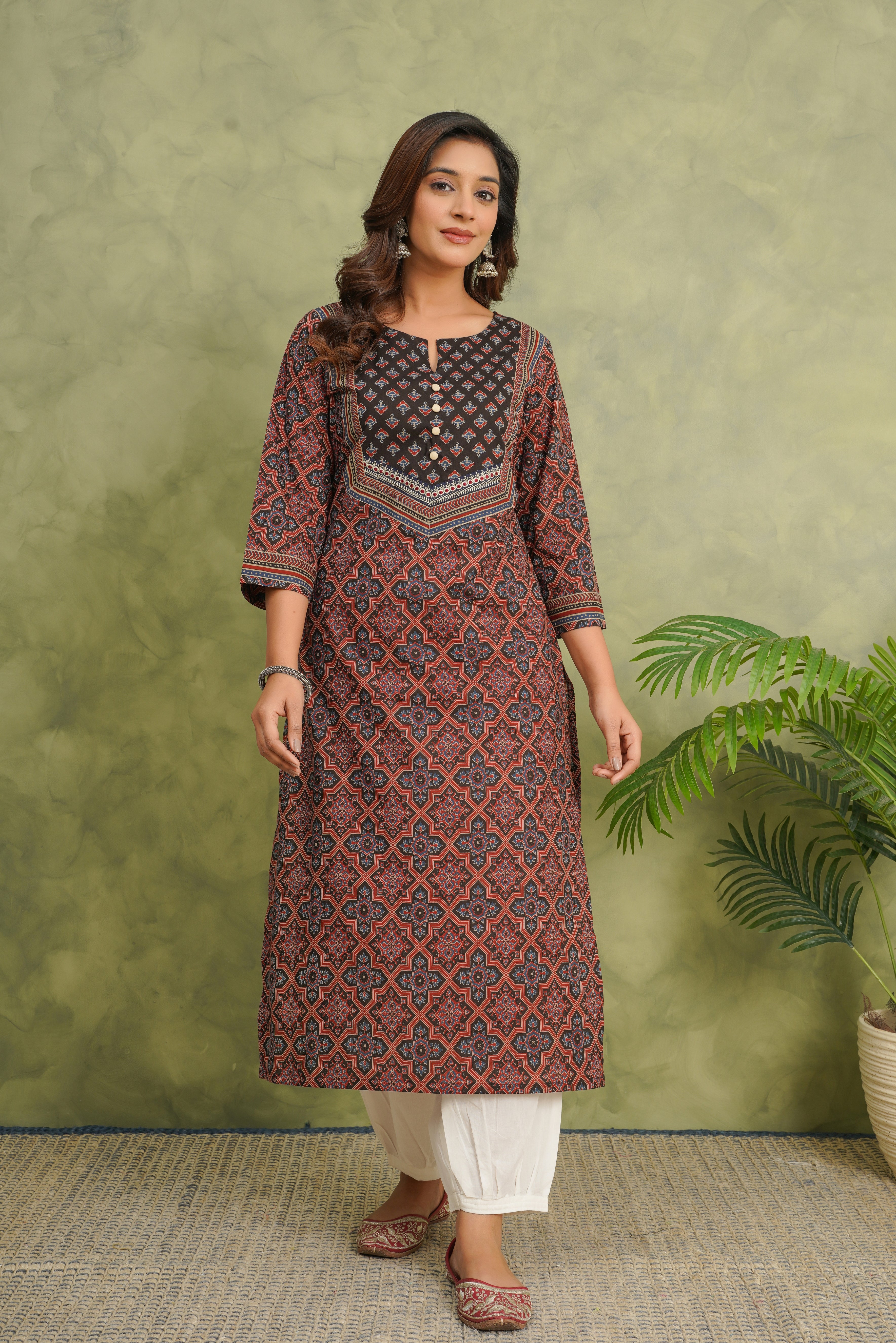Maroon Motif Printed Cotton Kurta