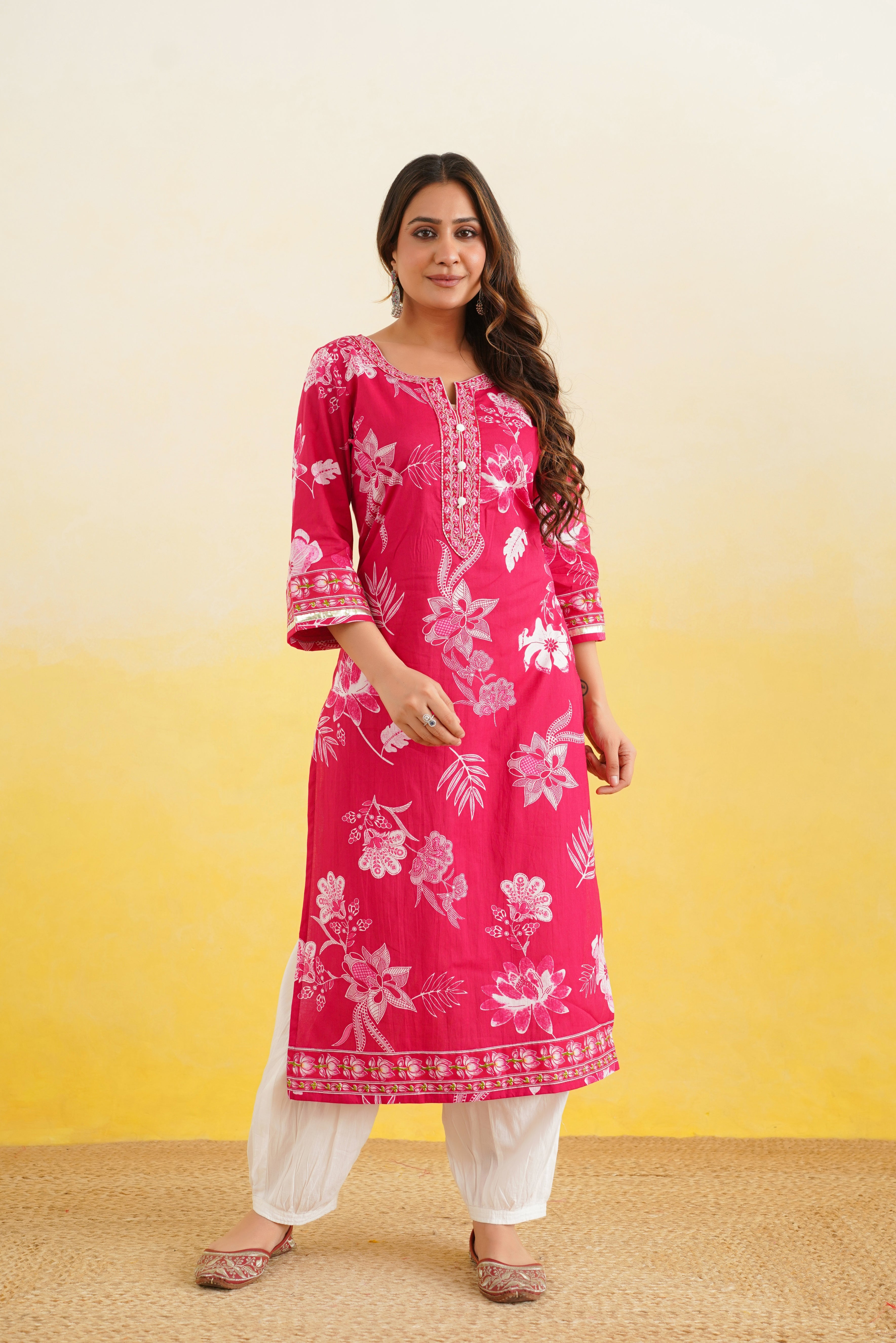 Pink Floral Printed Cotton Kurta