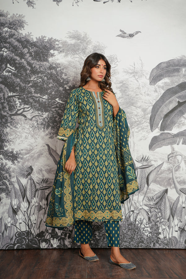 Green Ikat Printed Cotton Suit Set