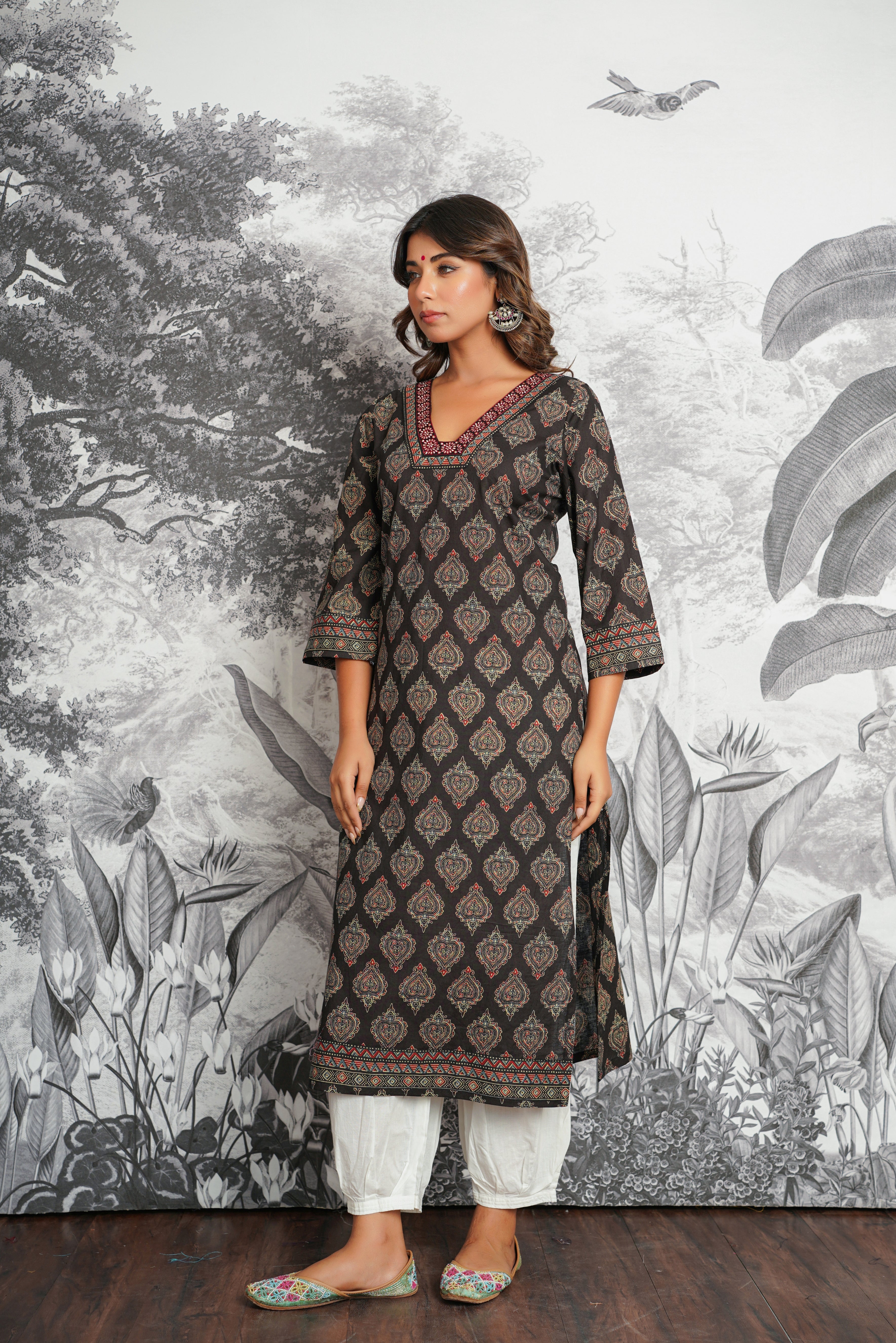 Black Motif Printed Cotton Kurta