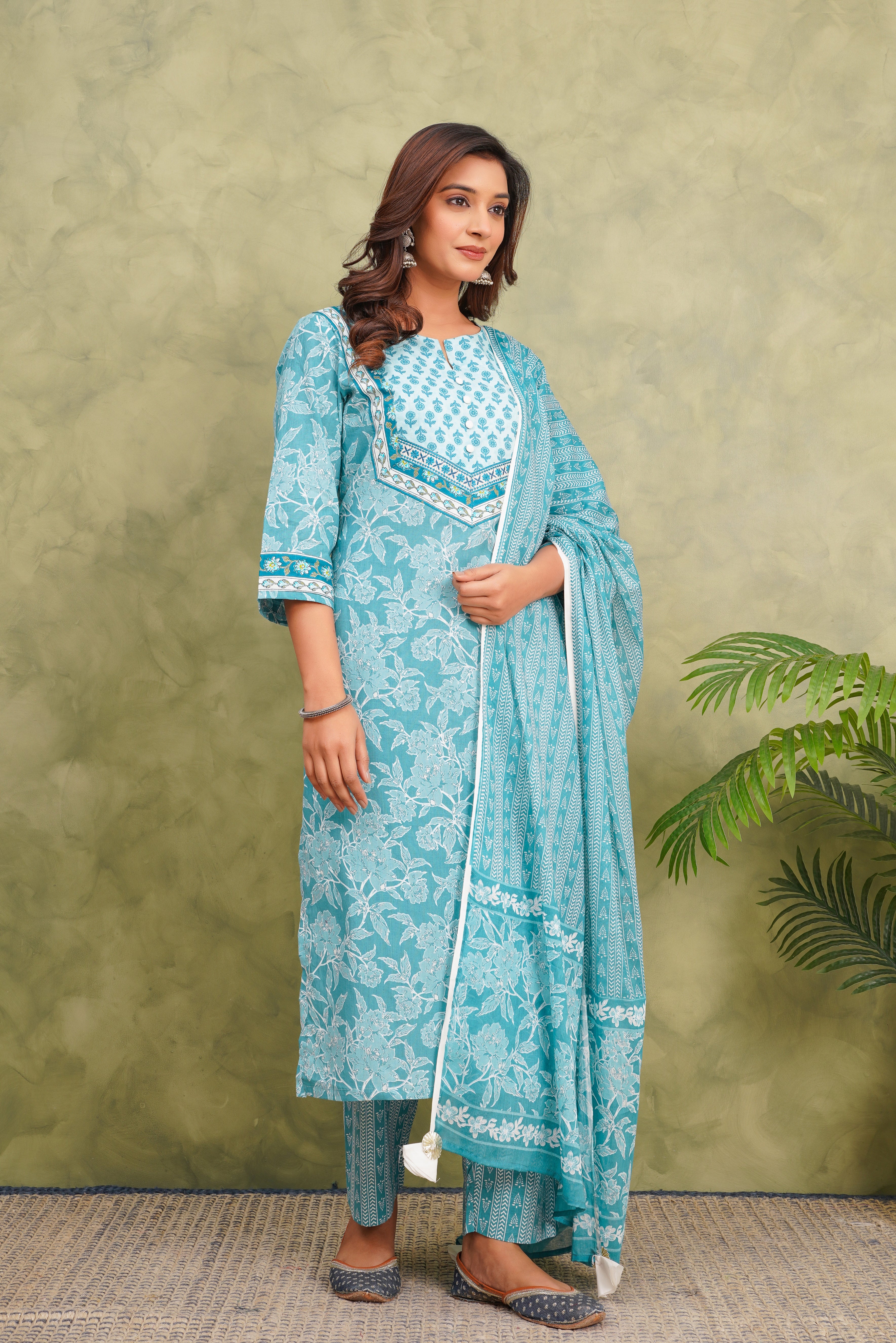 Blue Floral Printed Cotton Suit Set