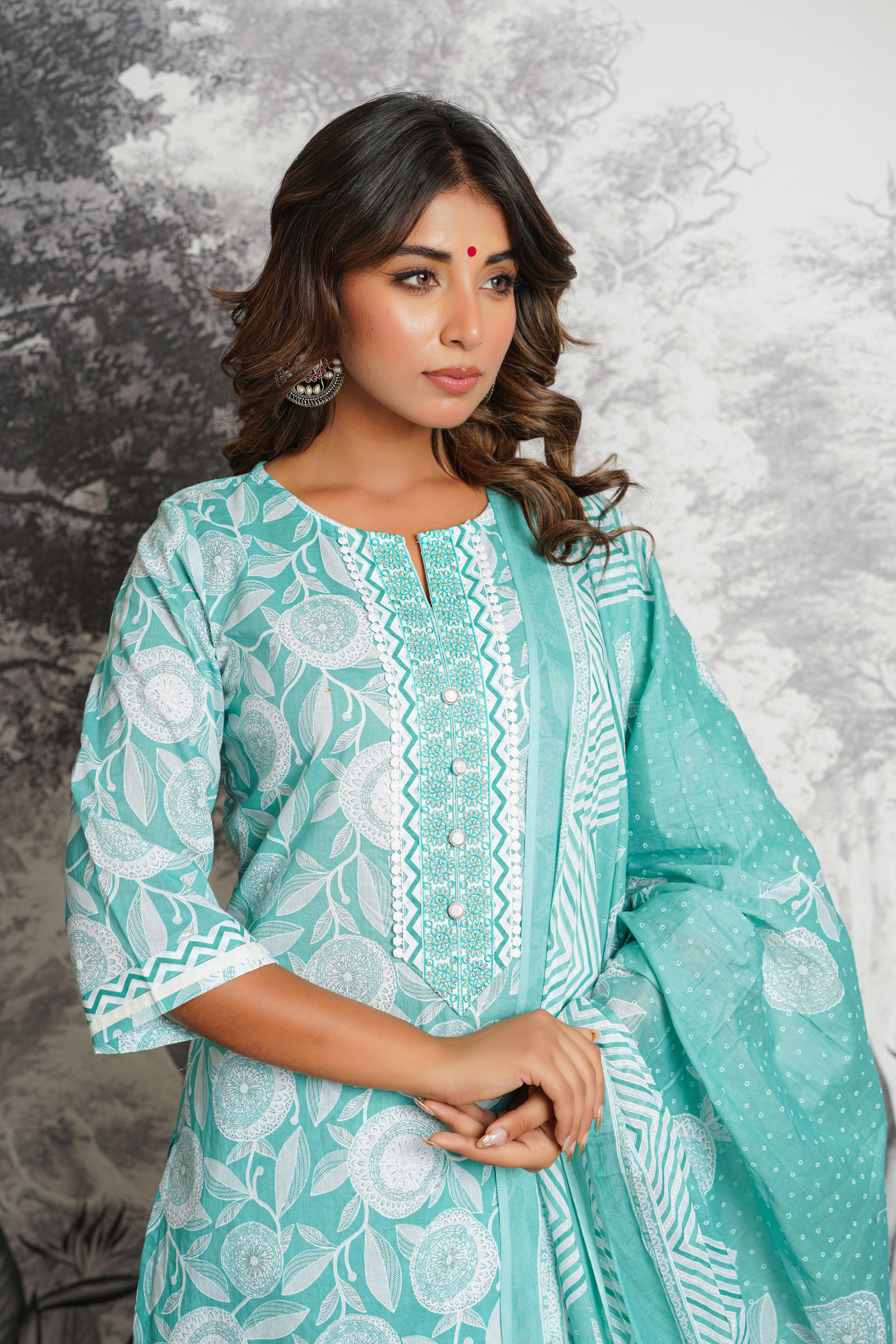 Turquoise Floral Printed Cotton Suit Set