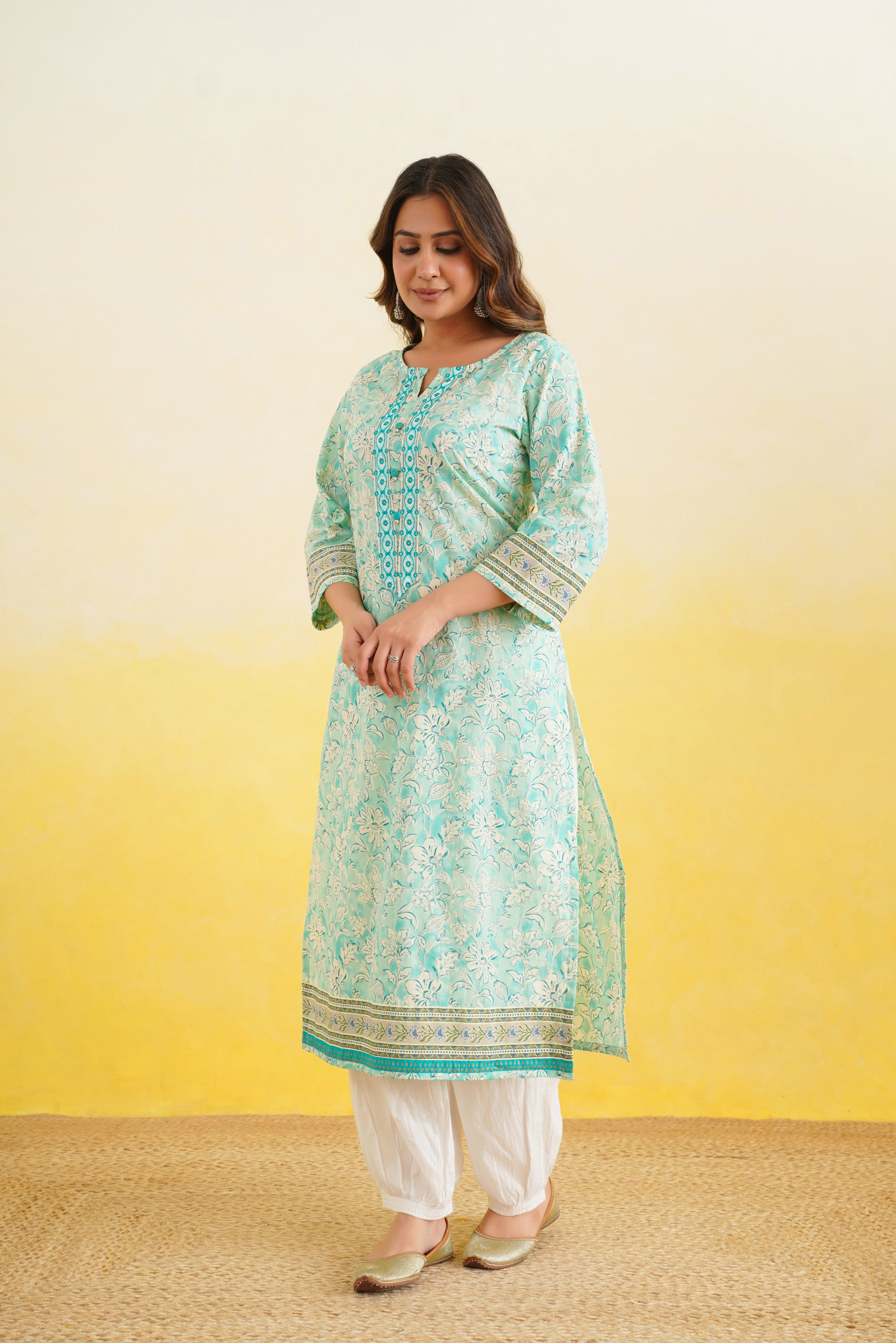 Turquoise Floral Printed Cotton Kurta
