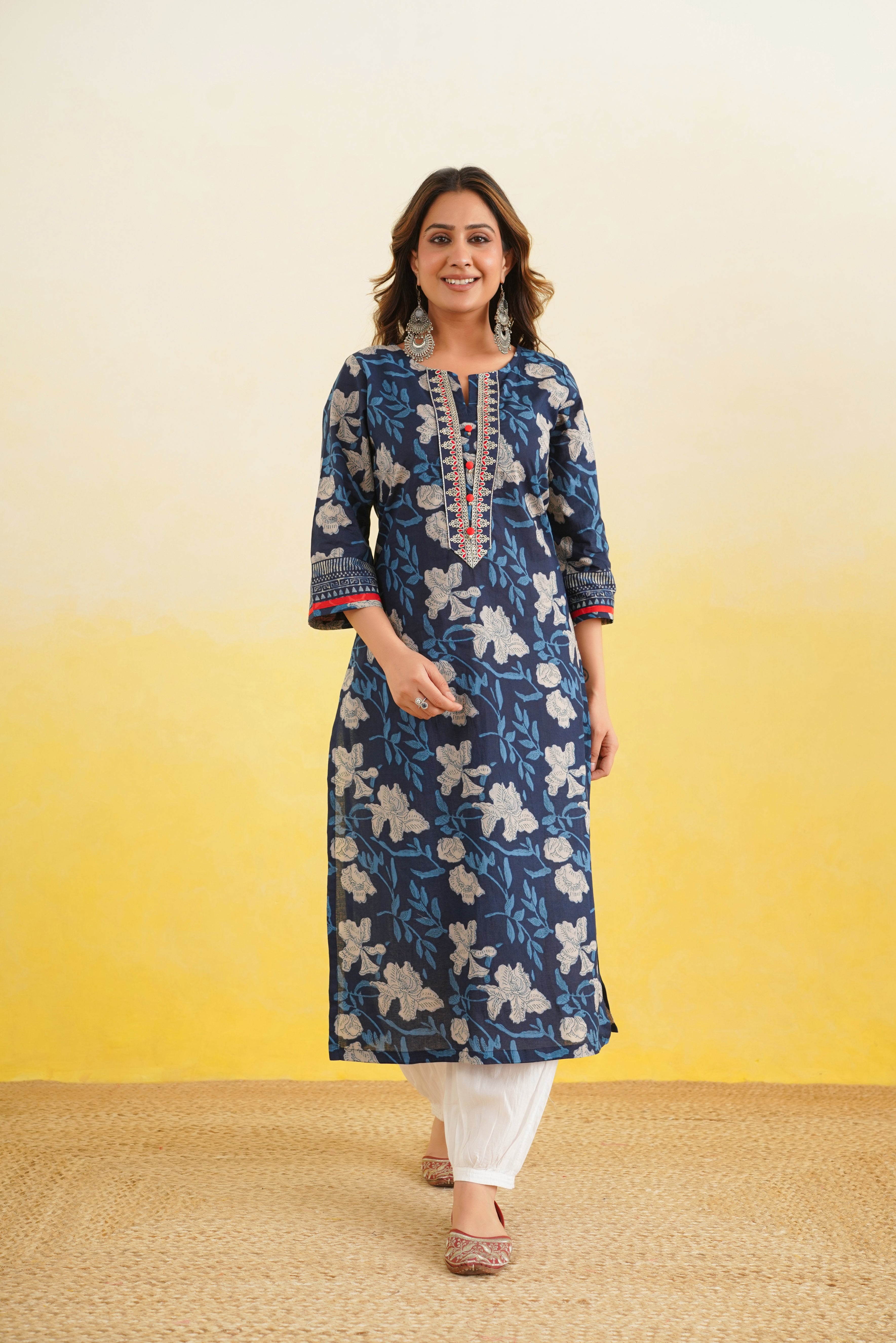 Blue Floral Printed Cotton Kurta