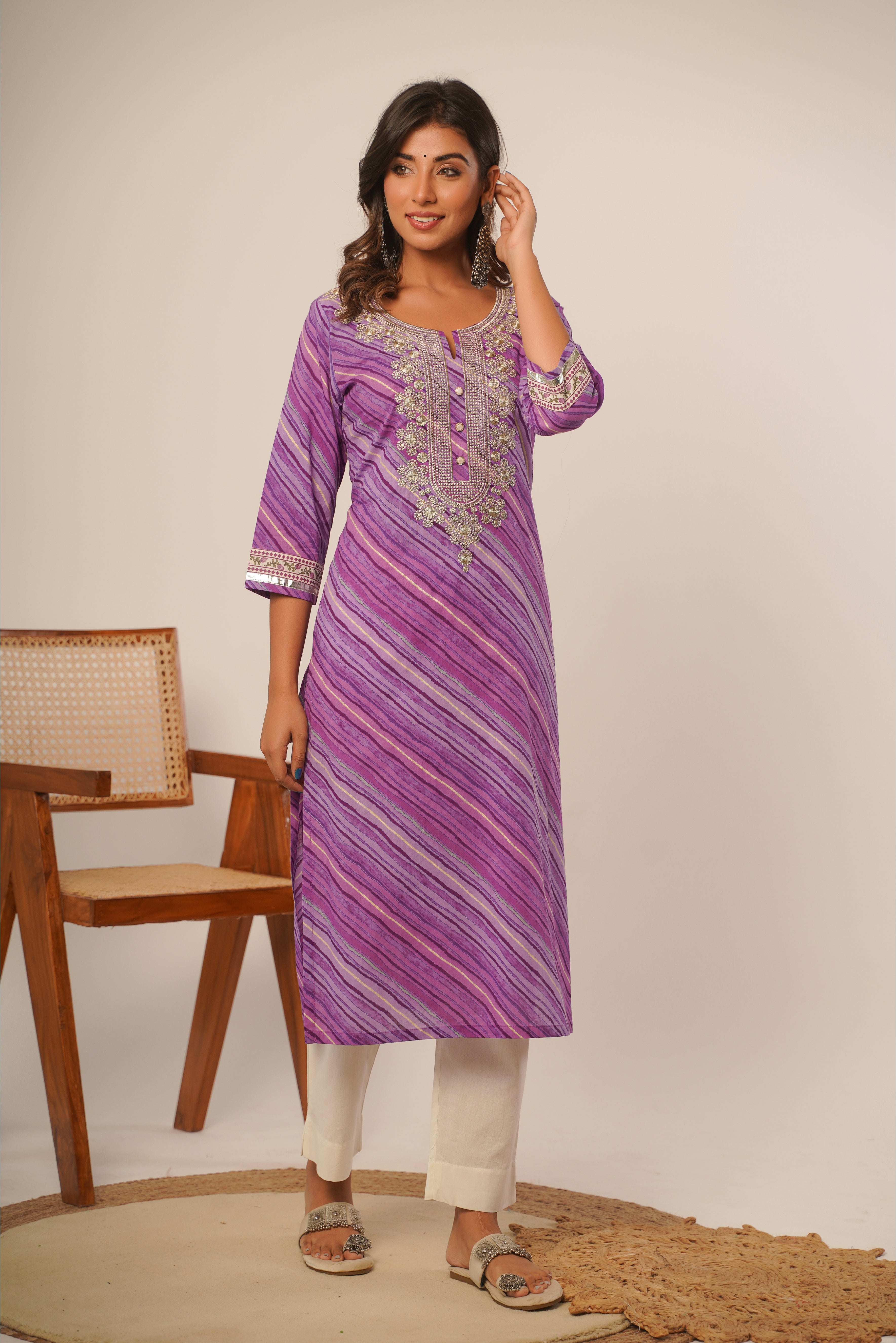 Embroidered Purple Leheriya Cotton Kurta