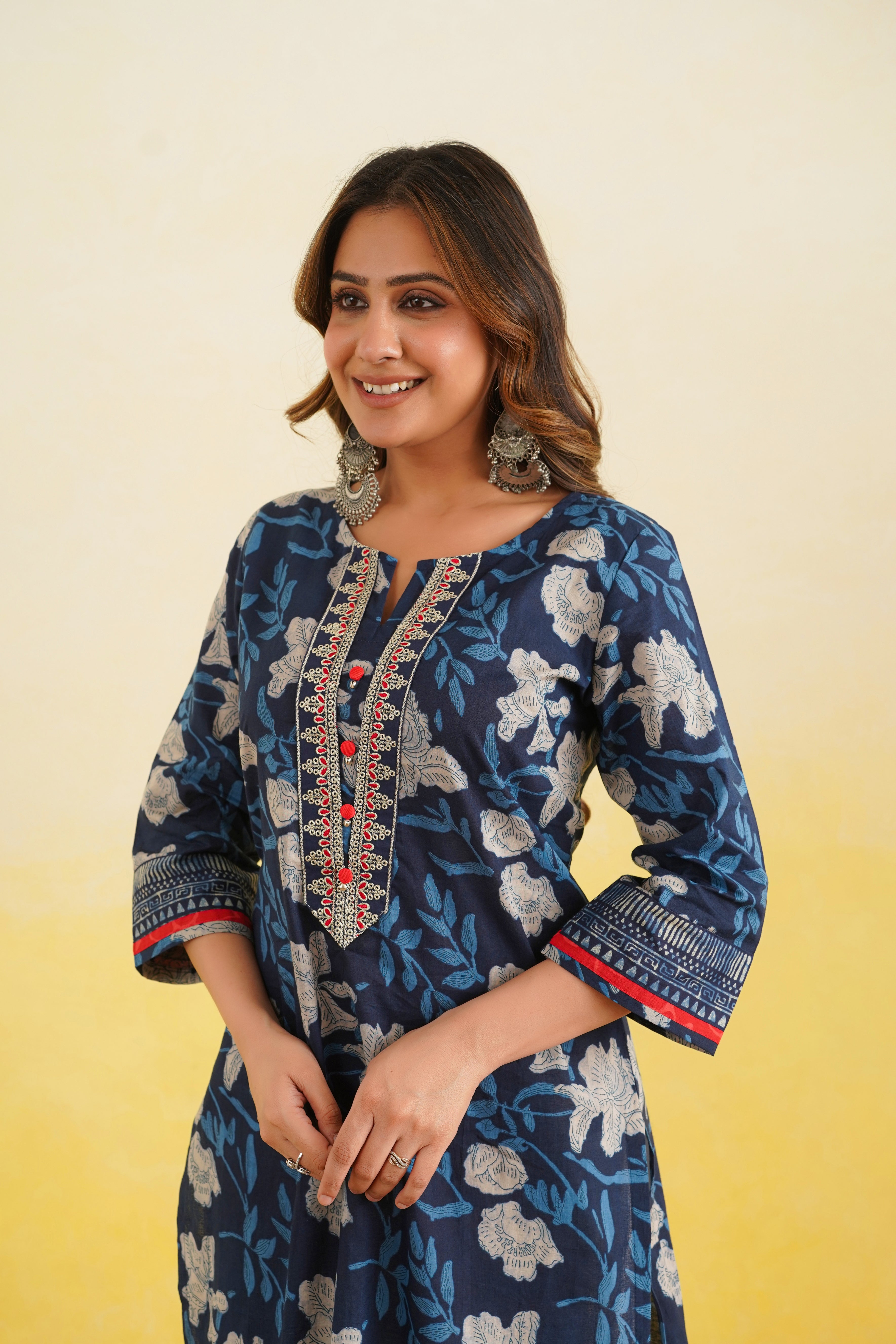 Blue Floral Printed Cotton Kurta