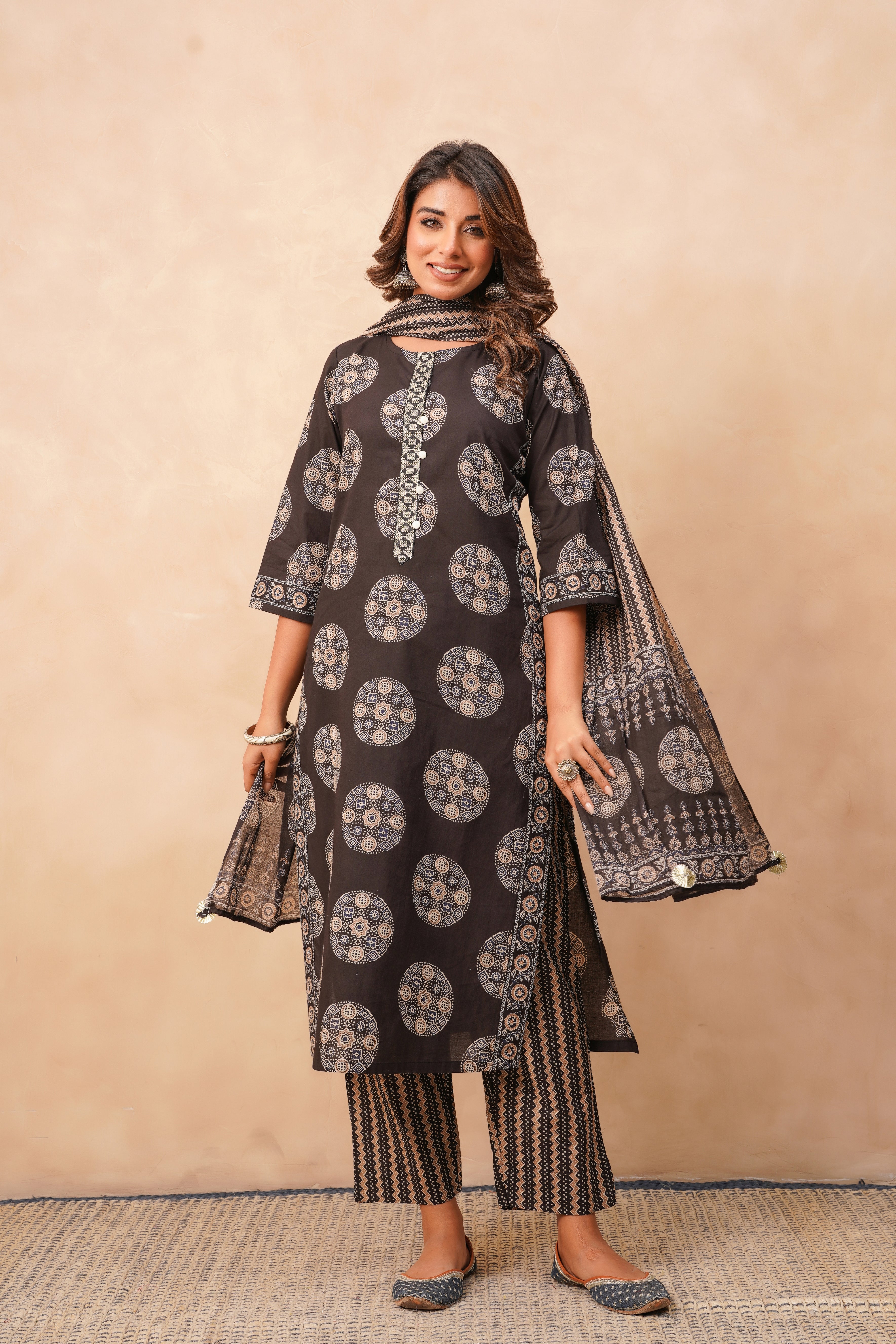 Black Geometric Printed Cotton Suit Set