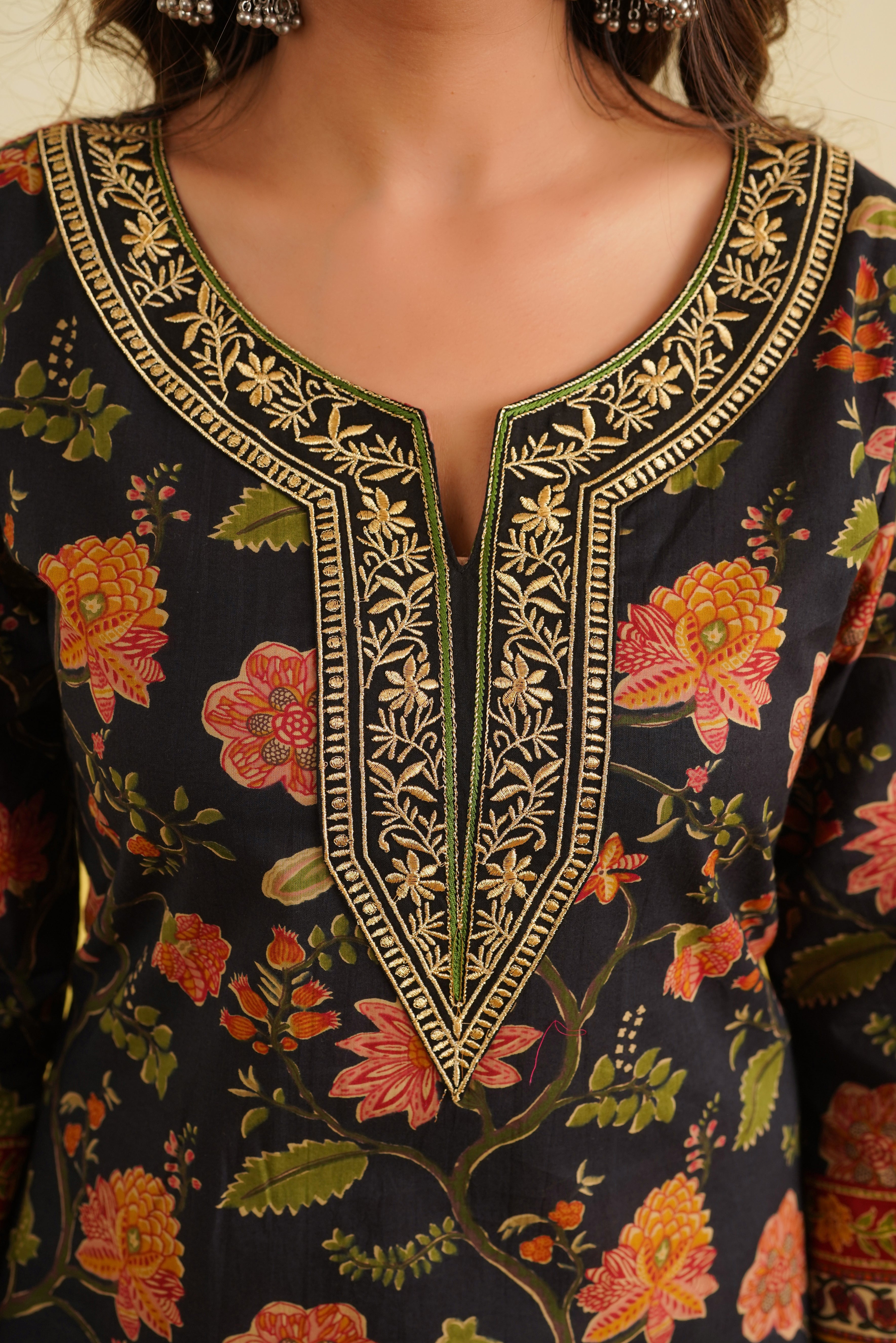 Black Floral Printed Cotton Kurta