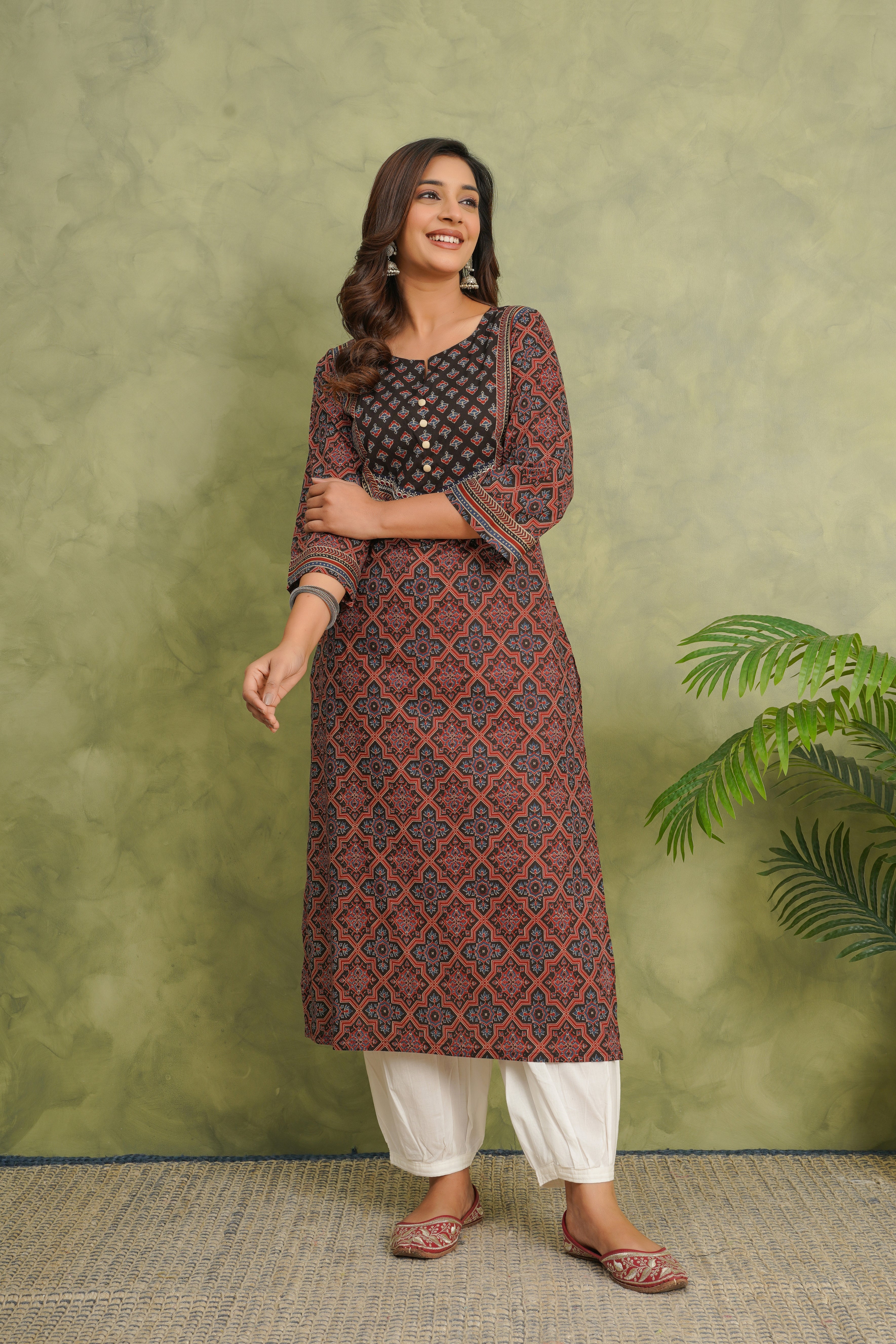 Maroon Motif Printed Cotton Kurta