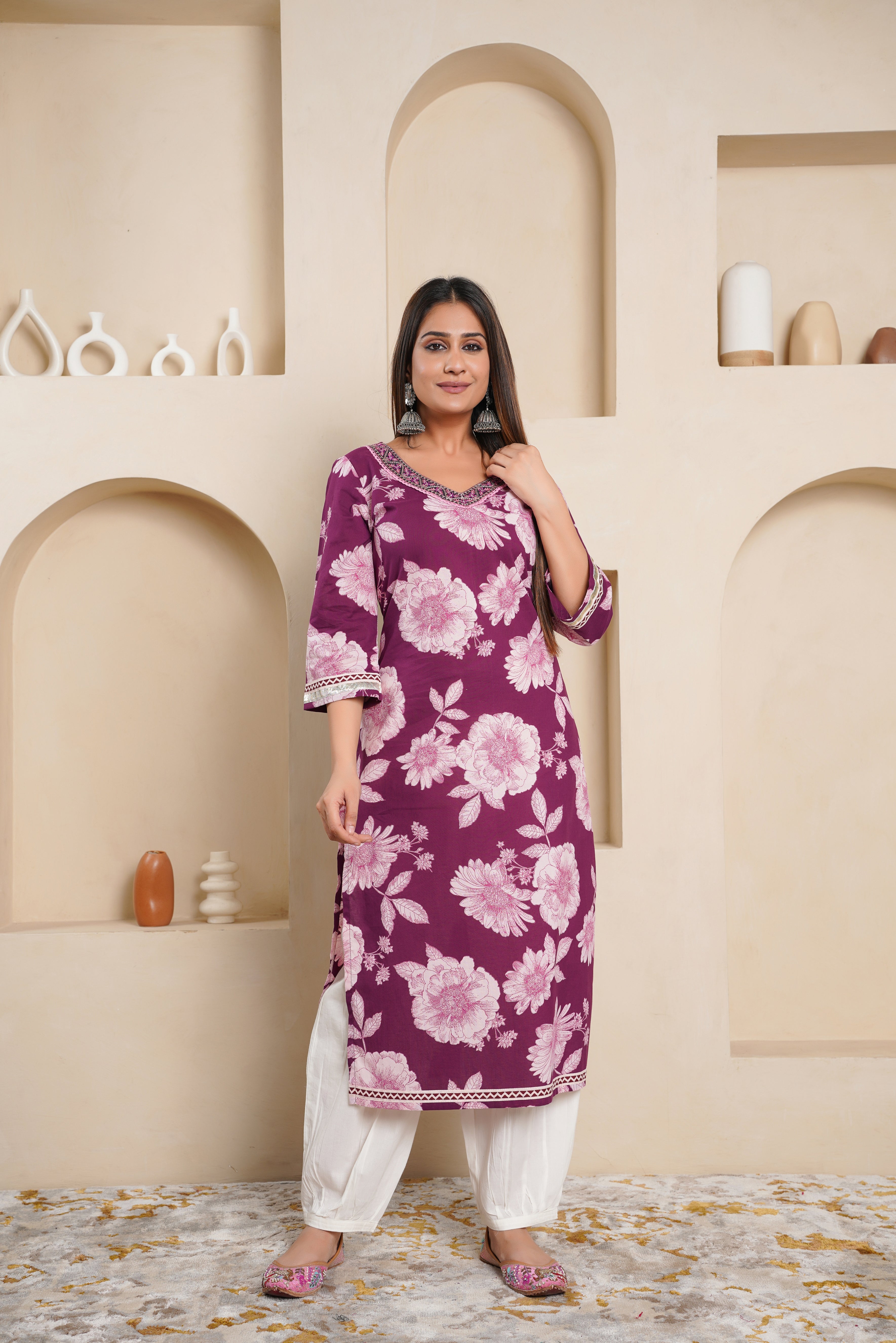 Purple Embroidered Floral Printed Cotton Kurta