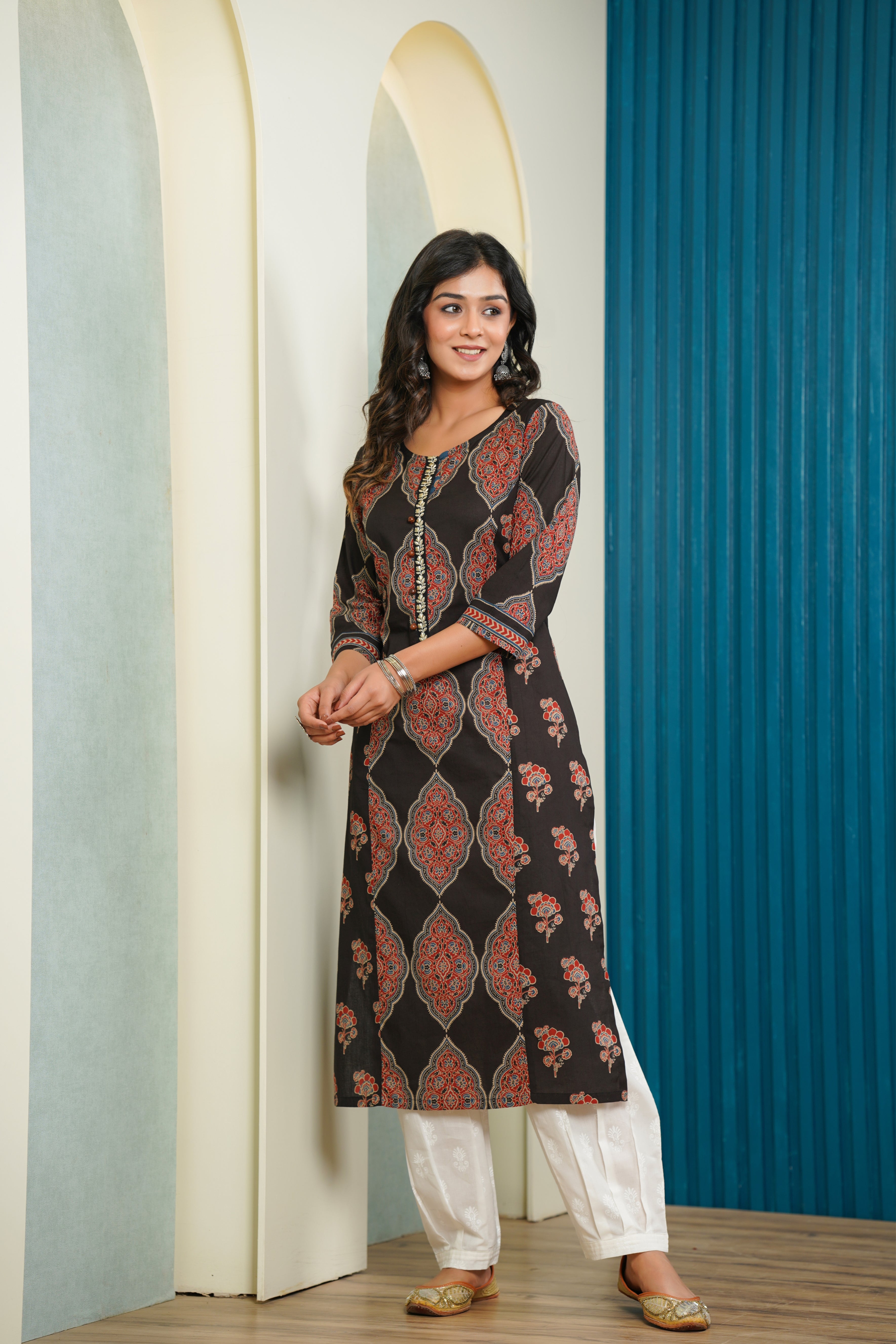 Black Motif Printed Cotton Kurta