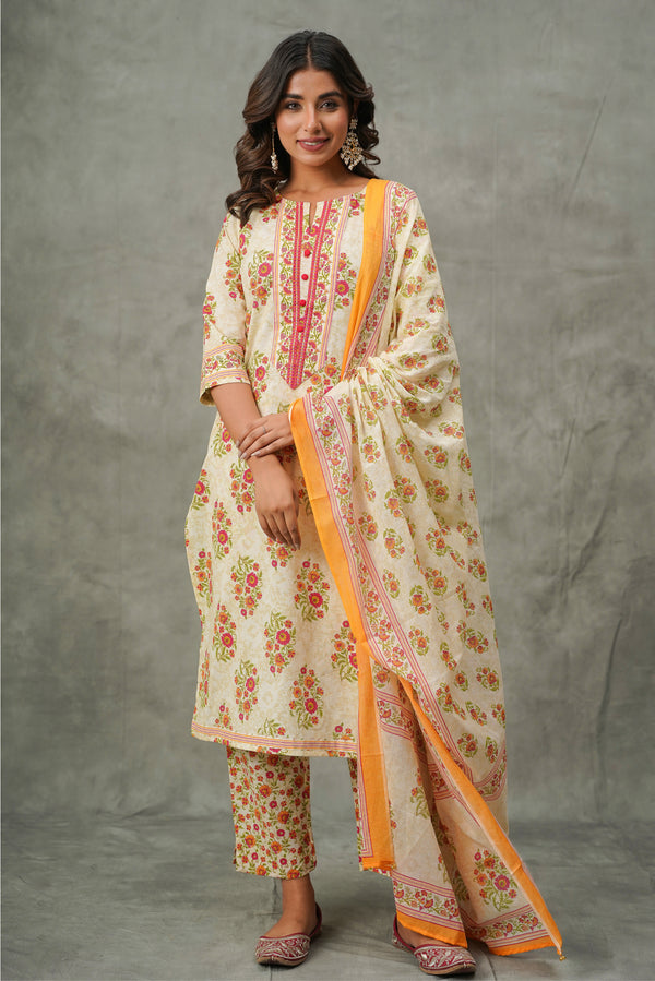 Cream Floral Cotton Suit Set