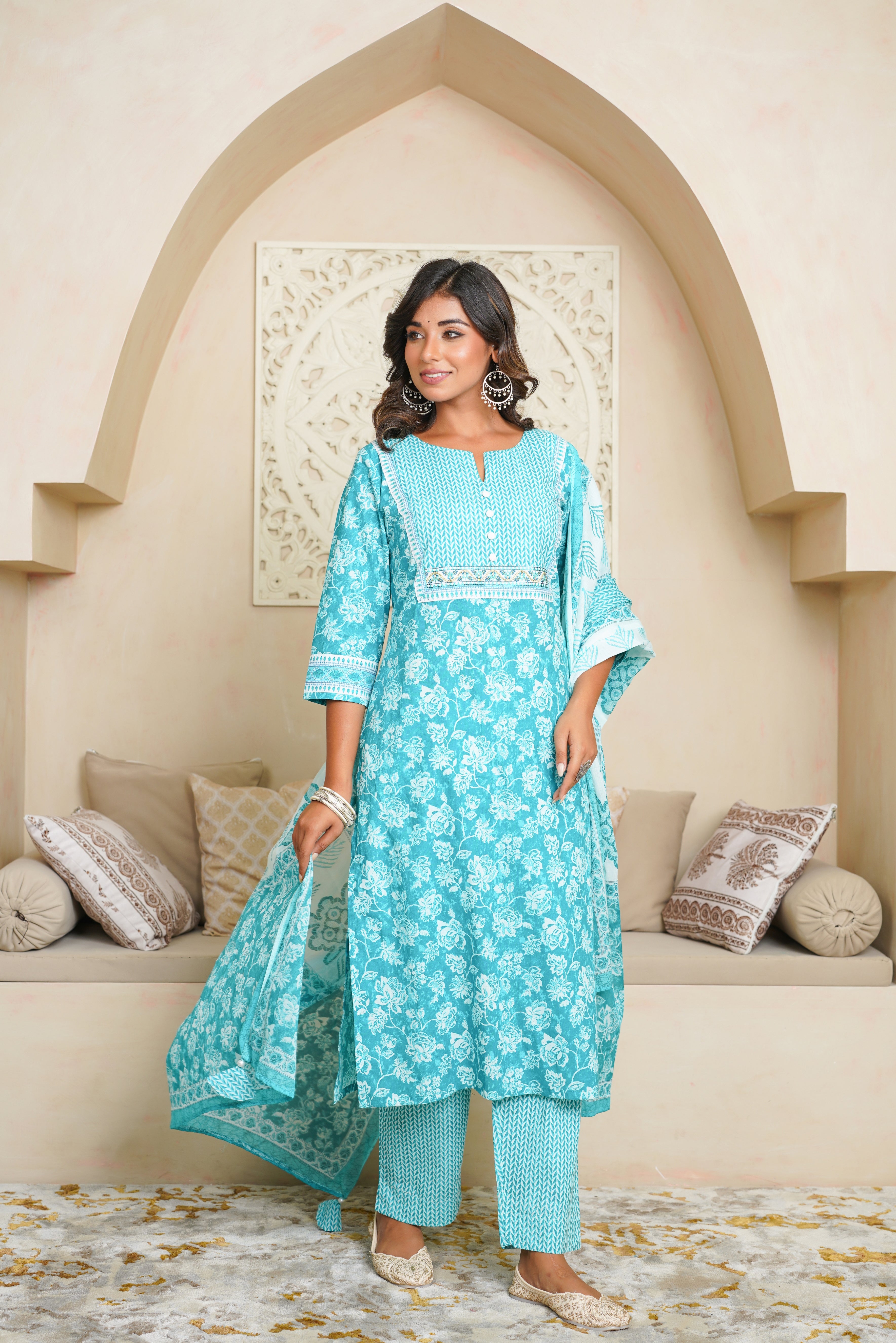 Turquoise Floral Cotton Suit Set