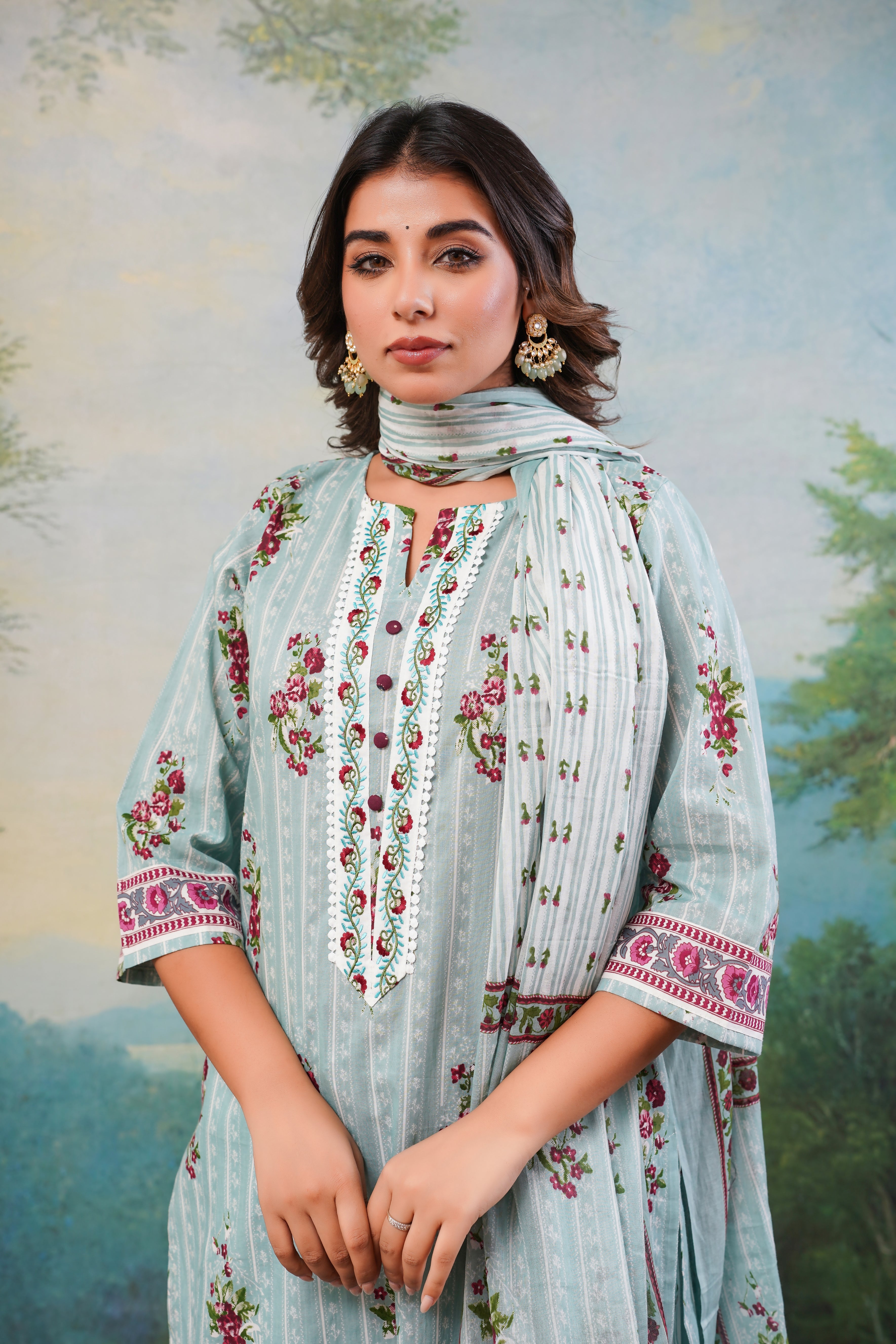 Blue Stripes  Printed Cotton Suit Set