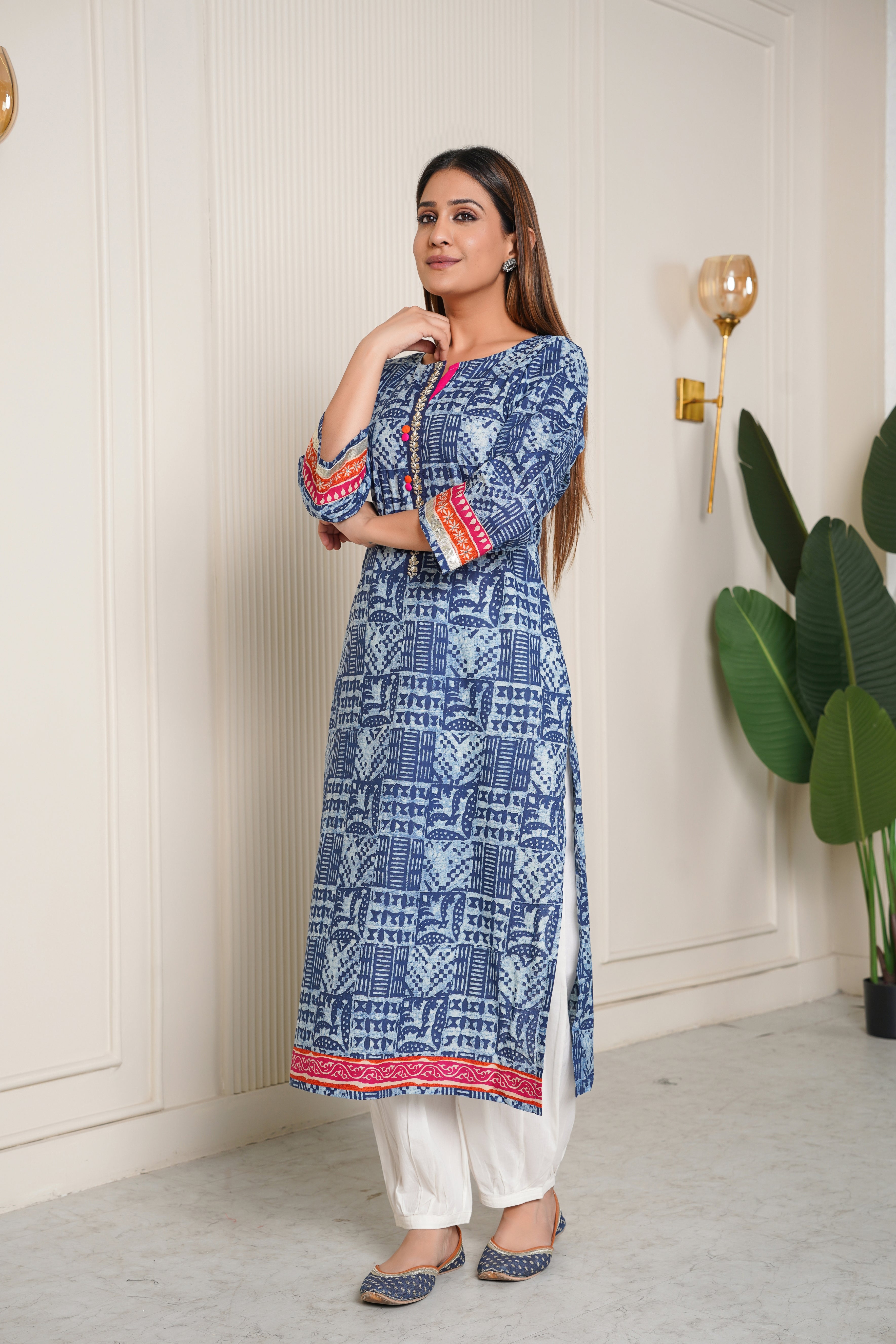 Indigo Geometric Printed Cotton Kurta