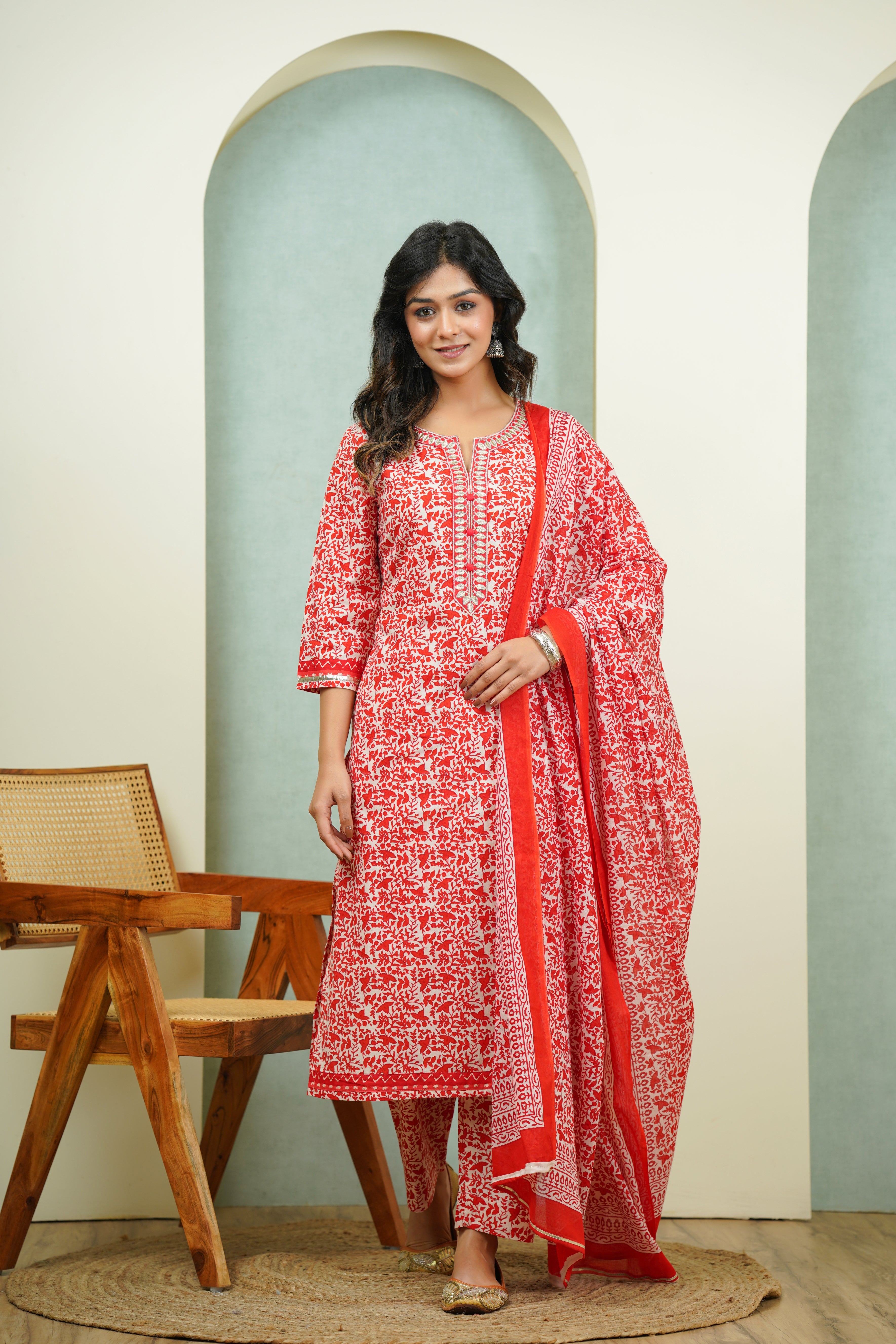 Red Floral Cotton Suit Set