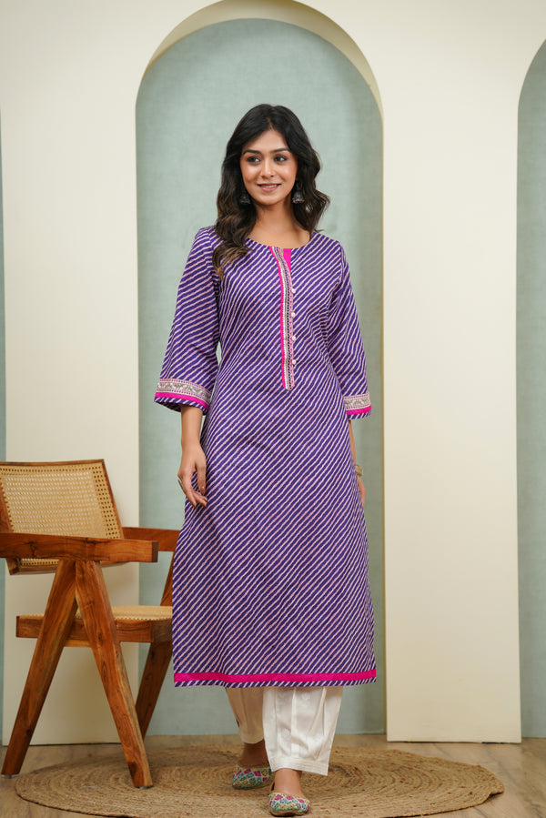 Purple Leheriya Printed Cotton Kurta