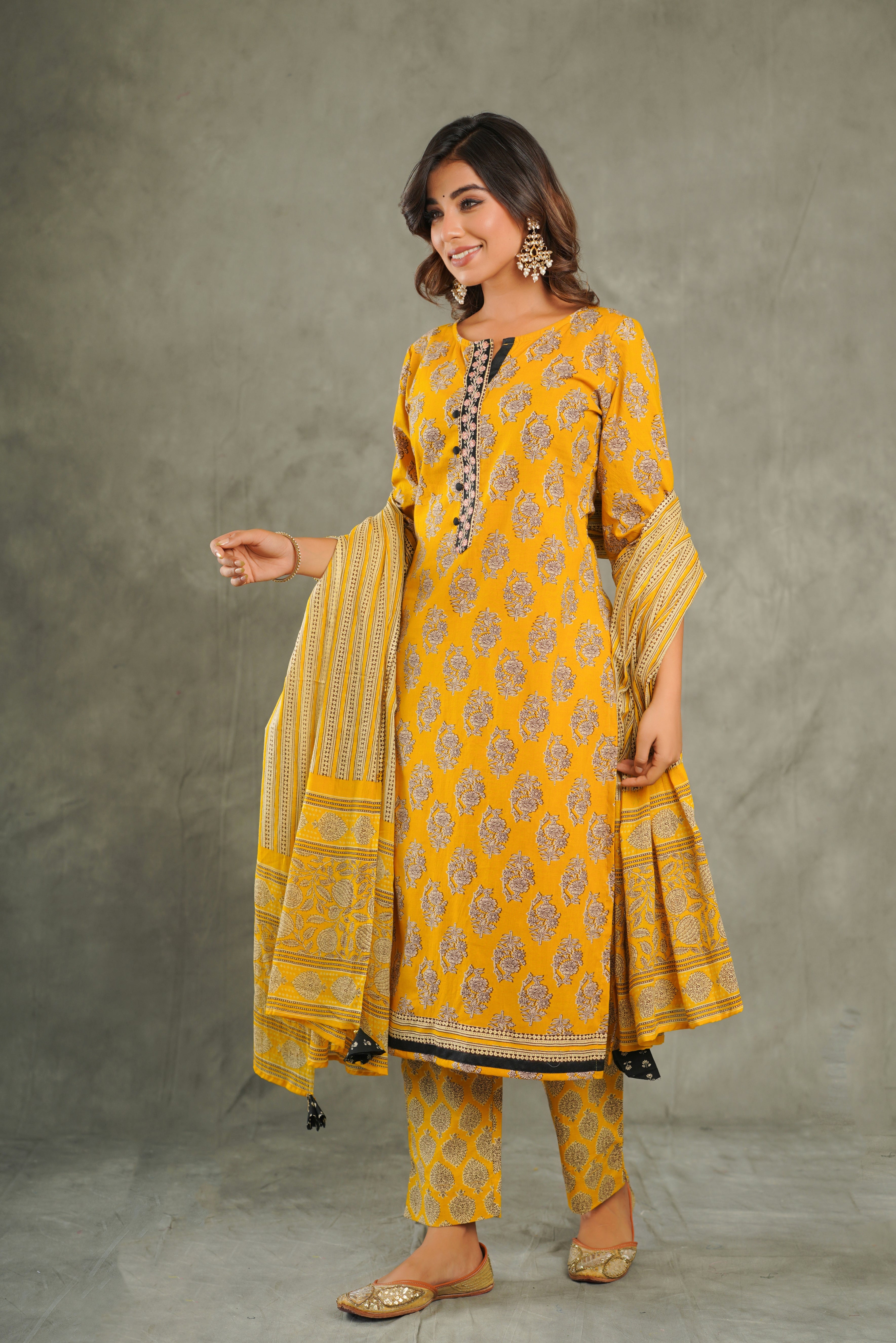 Mustard Motif Cotton Suit Set