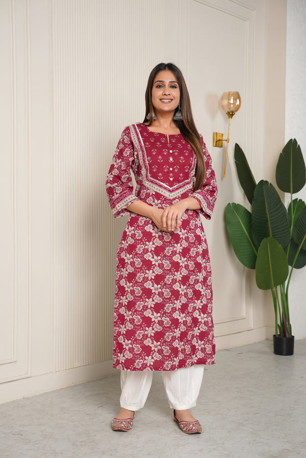 Maroon Floral Printed Cotton Kurta