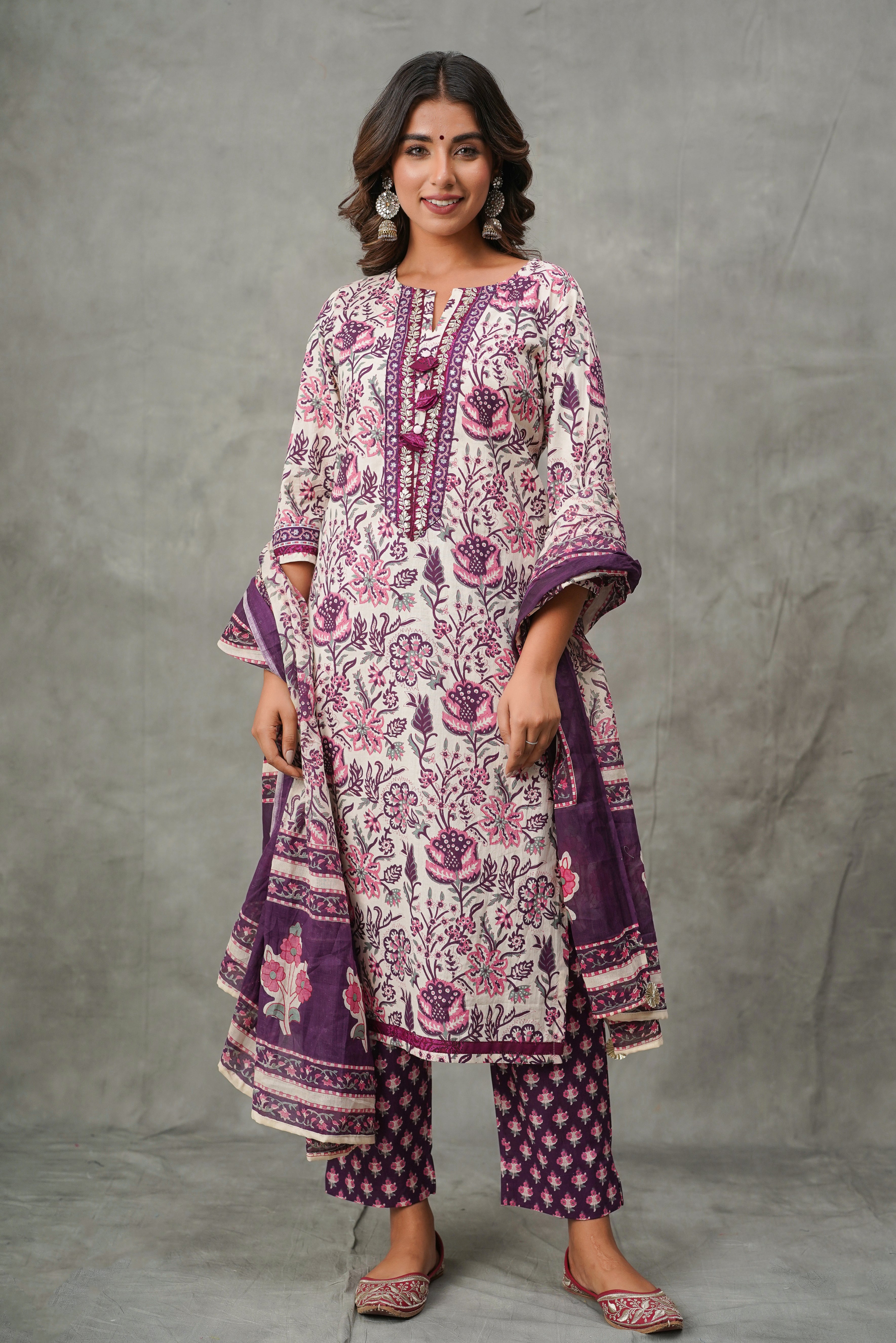 Purple Floral Cotton Suit Set