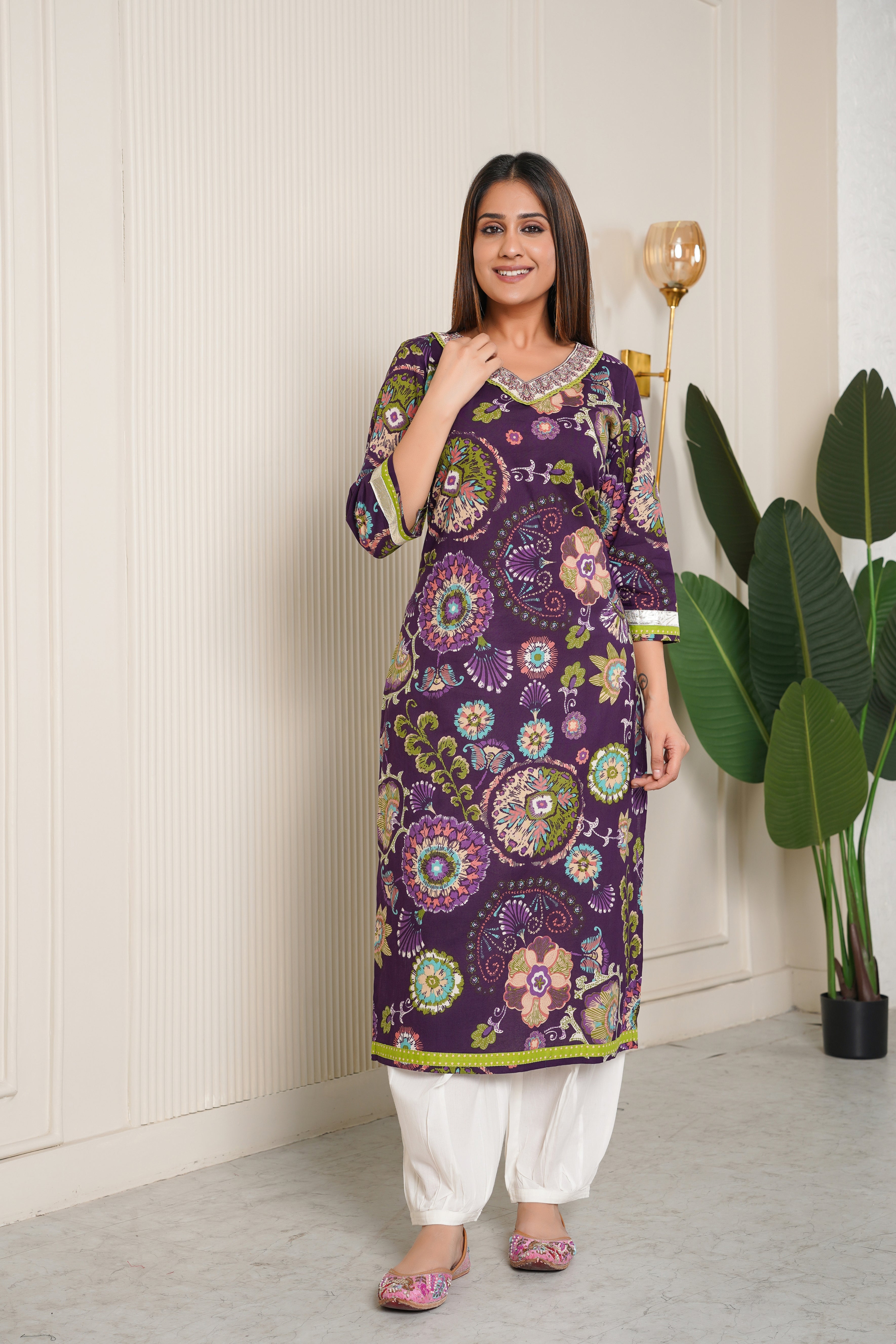 Violet Embroidered Floral Printed Cotton Kurta