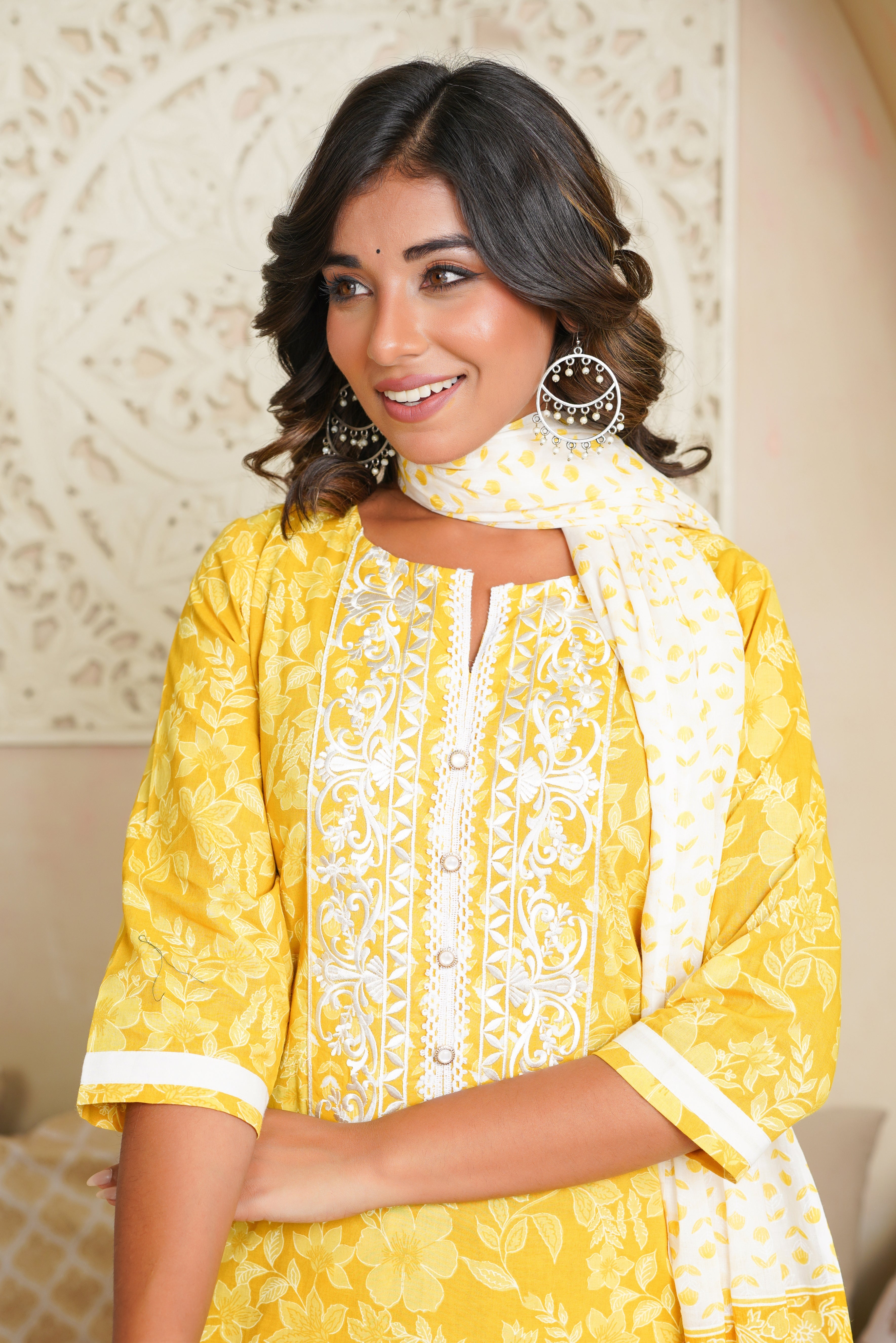 Yellow Floral Cotton Suit Set