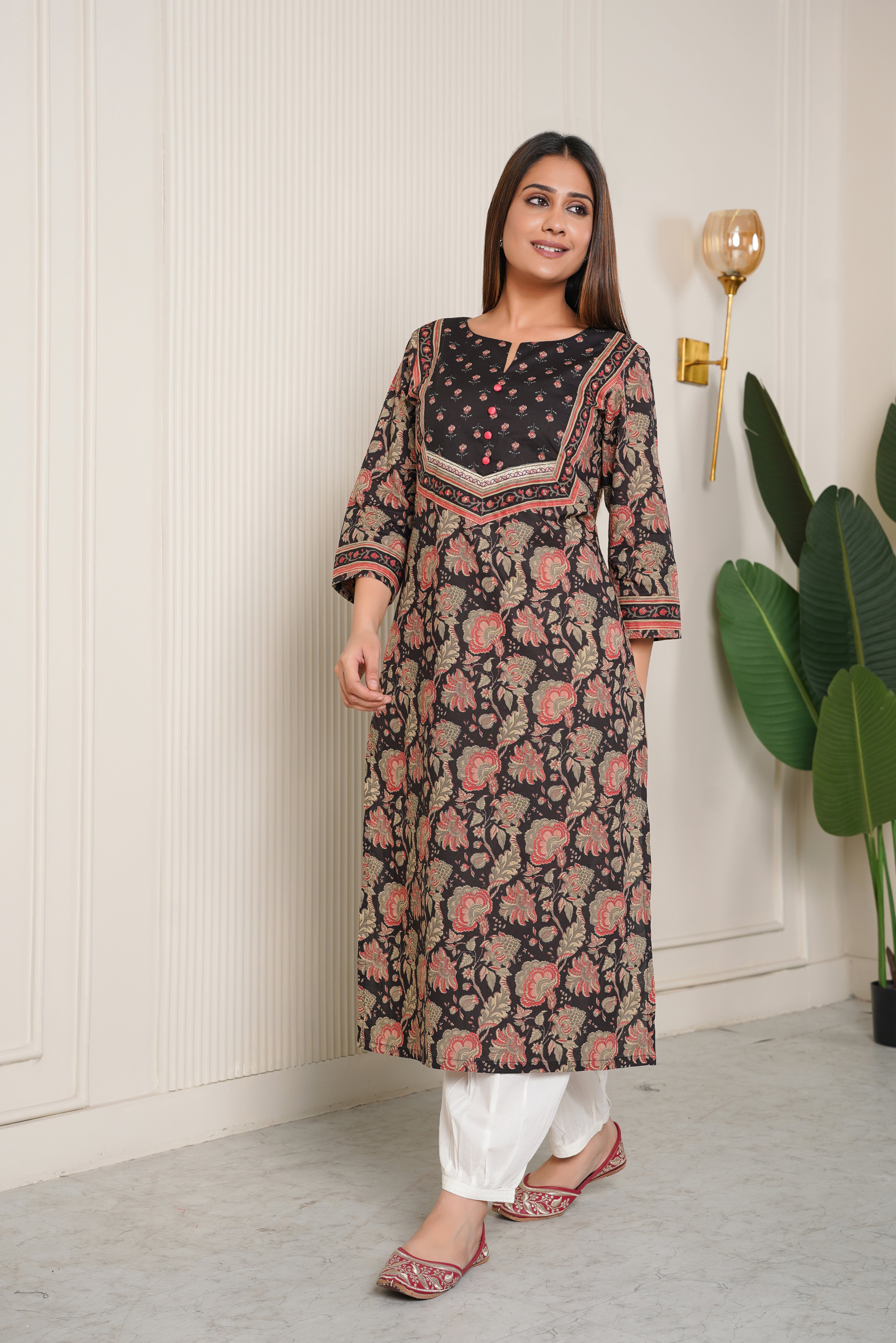 Black Floral Printed Cotton Kurta