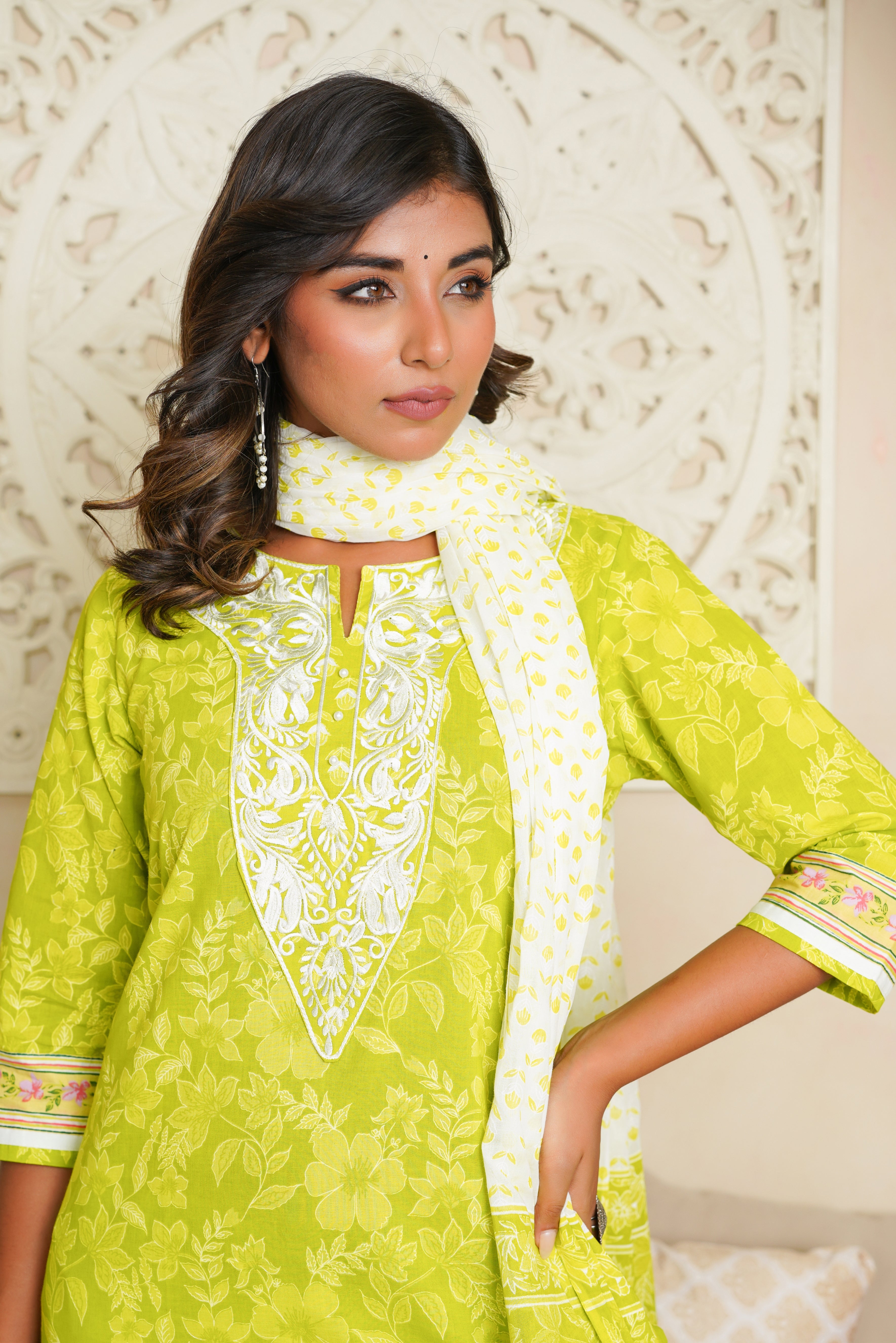 Green Floral Cotton Suit Set