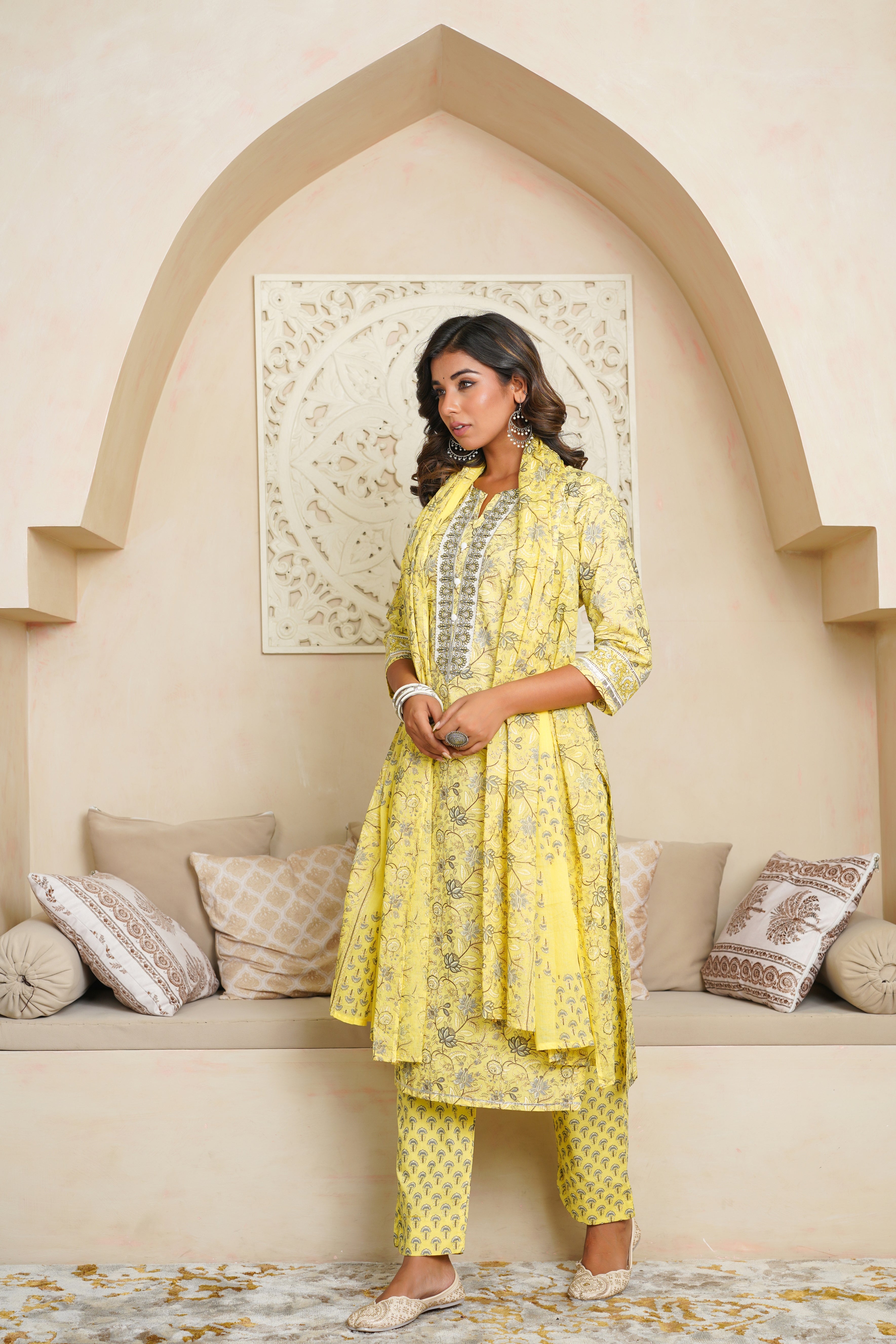 Lemon Floral Printed Cotton Suit Set