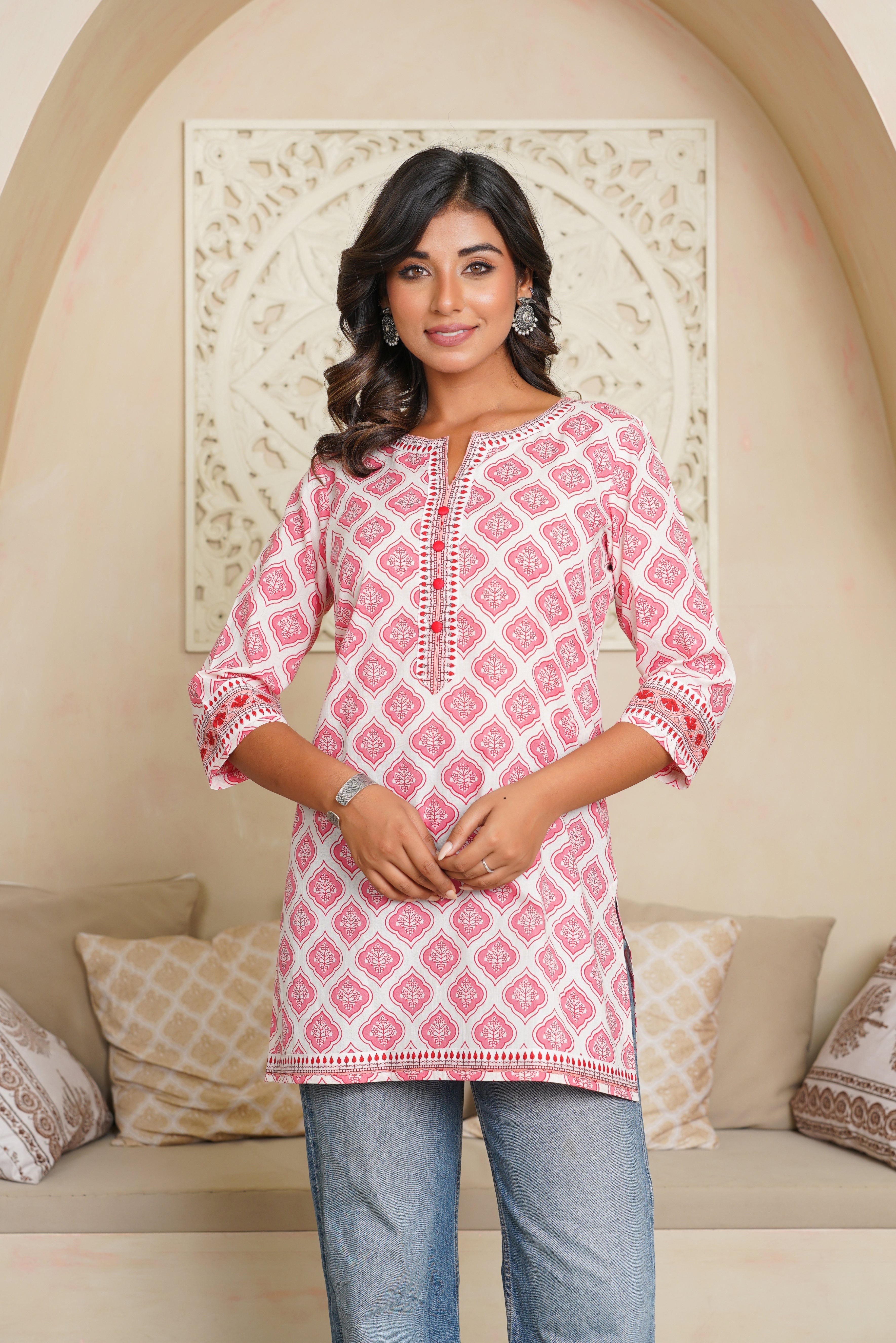 Pink Motif Printed Cotton Kurti