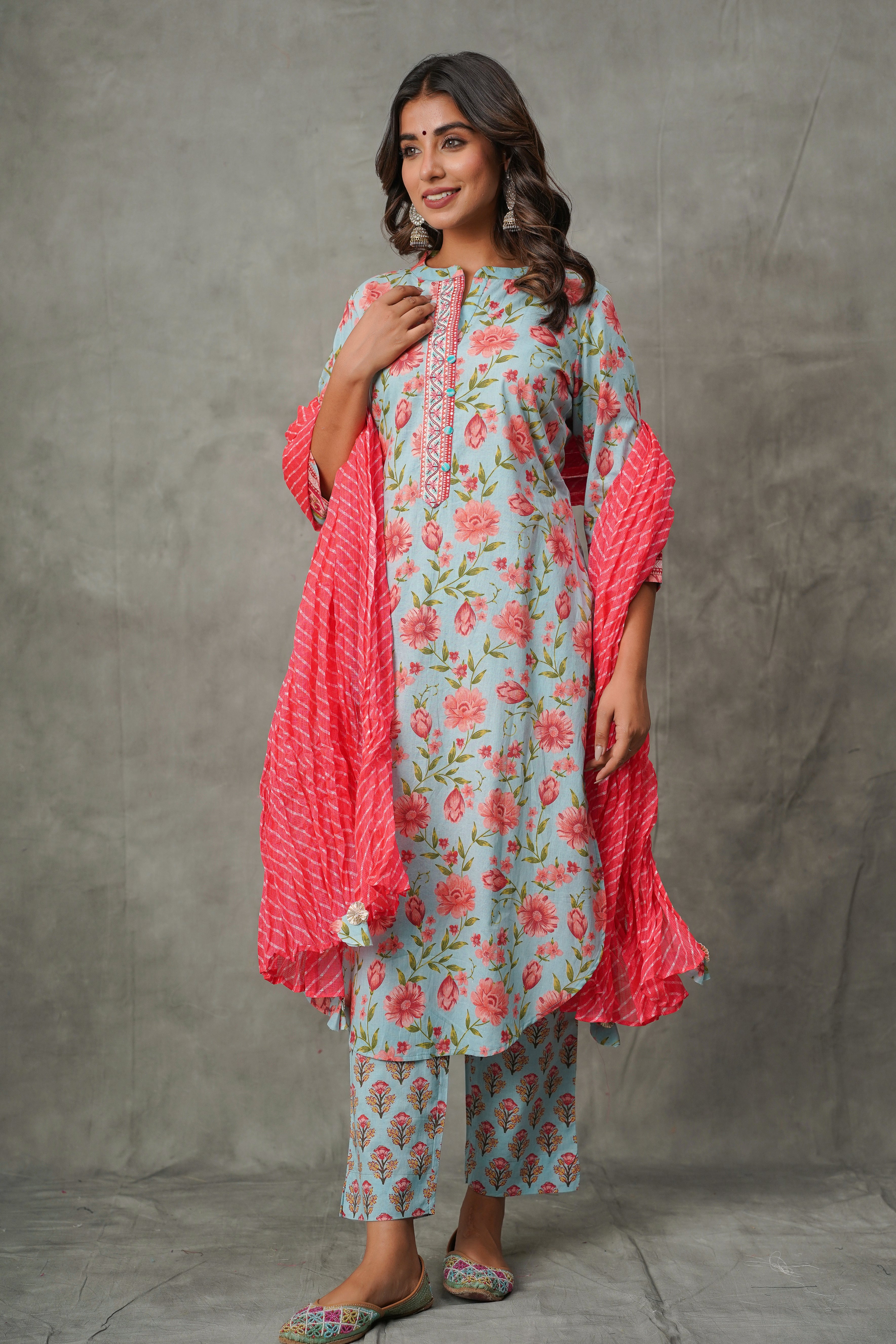 Blue Floral Cotton Suit Set