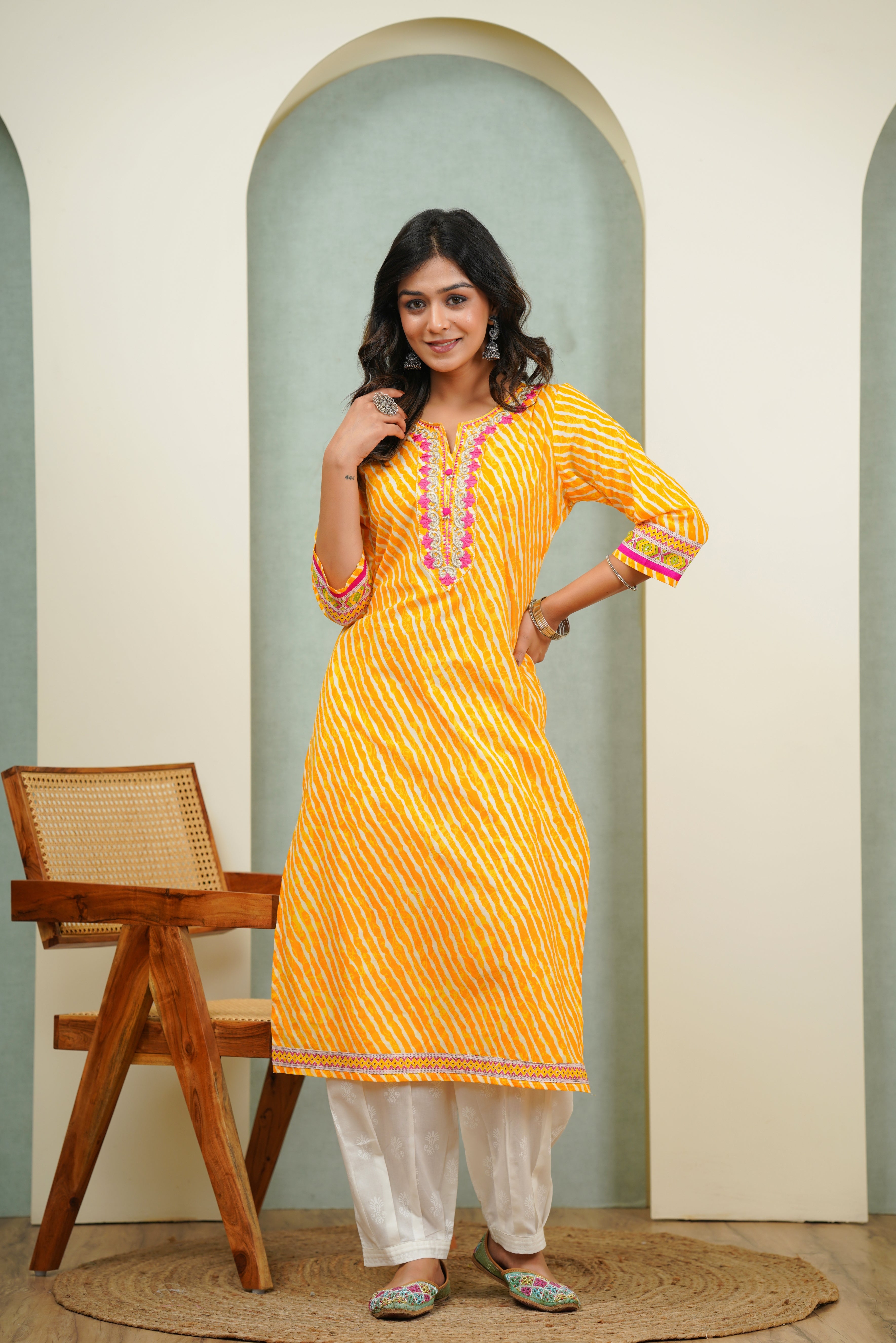 Embroidered Yellow Leheriya Cotton Kurta