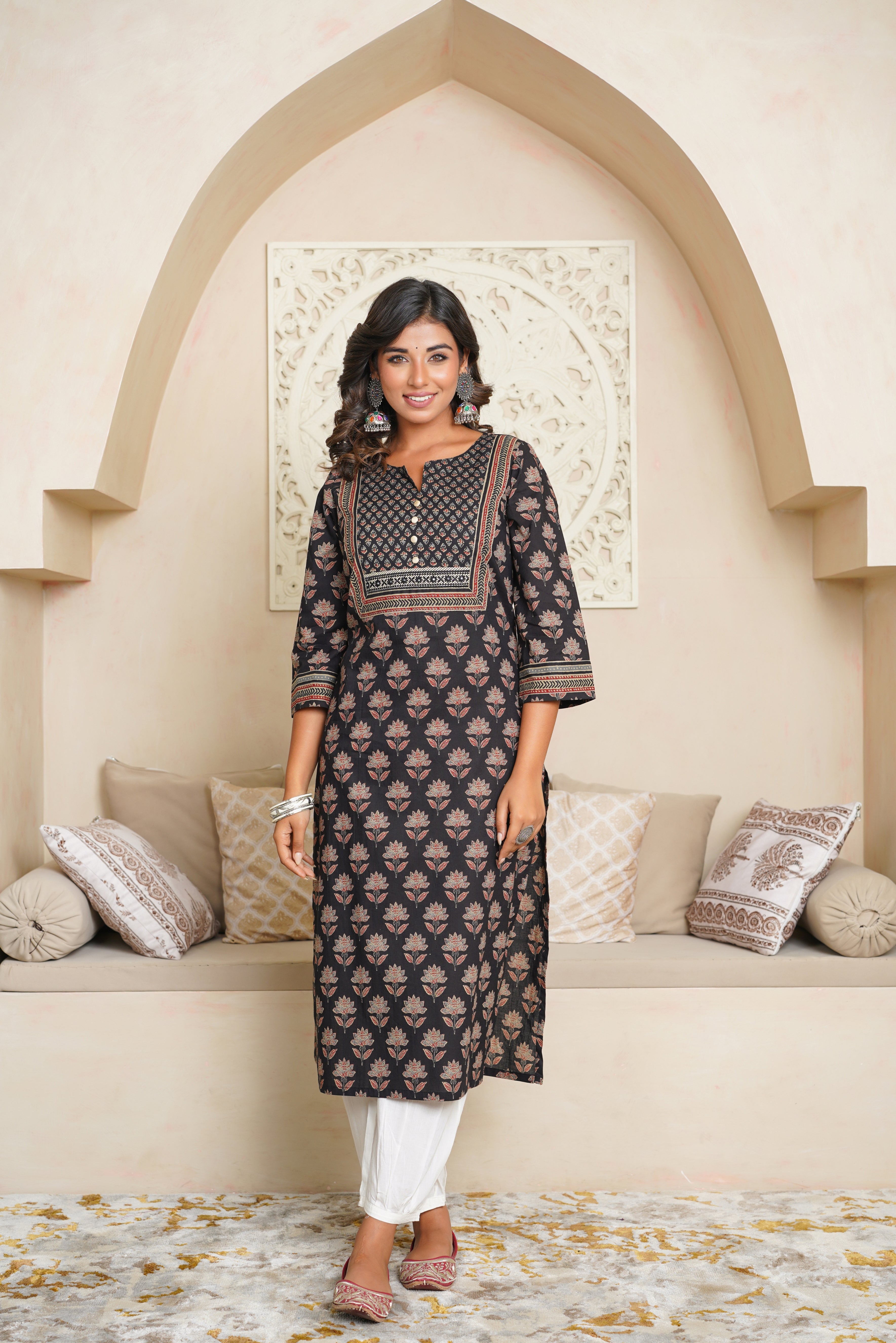 Black Motif Printed Cotton Kurta