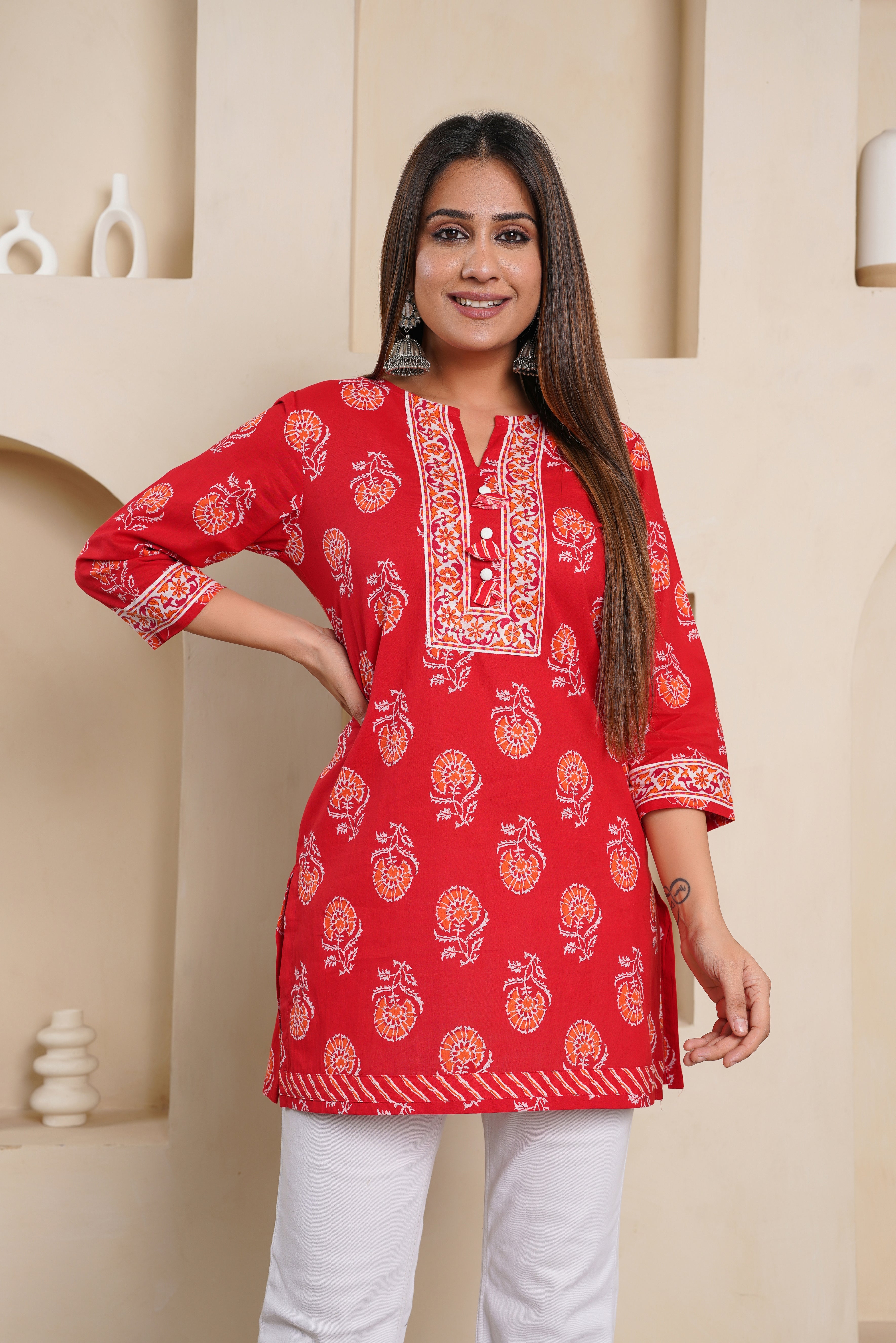 Red Floral Printed Cotton Kurti