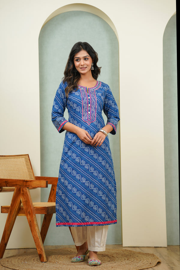 Embroidered Blue Bhandhej Cotton Kurta