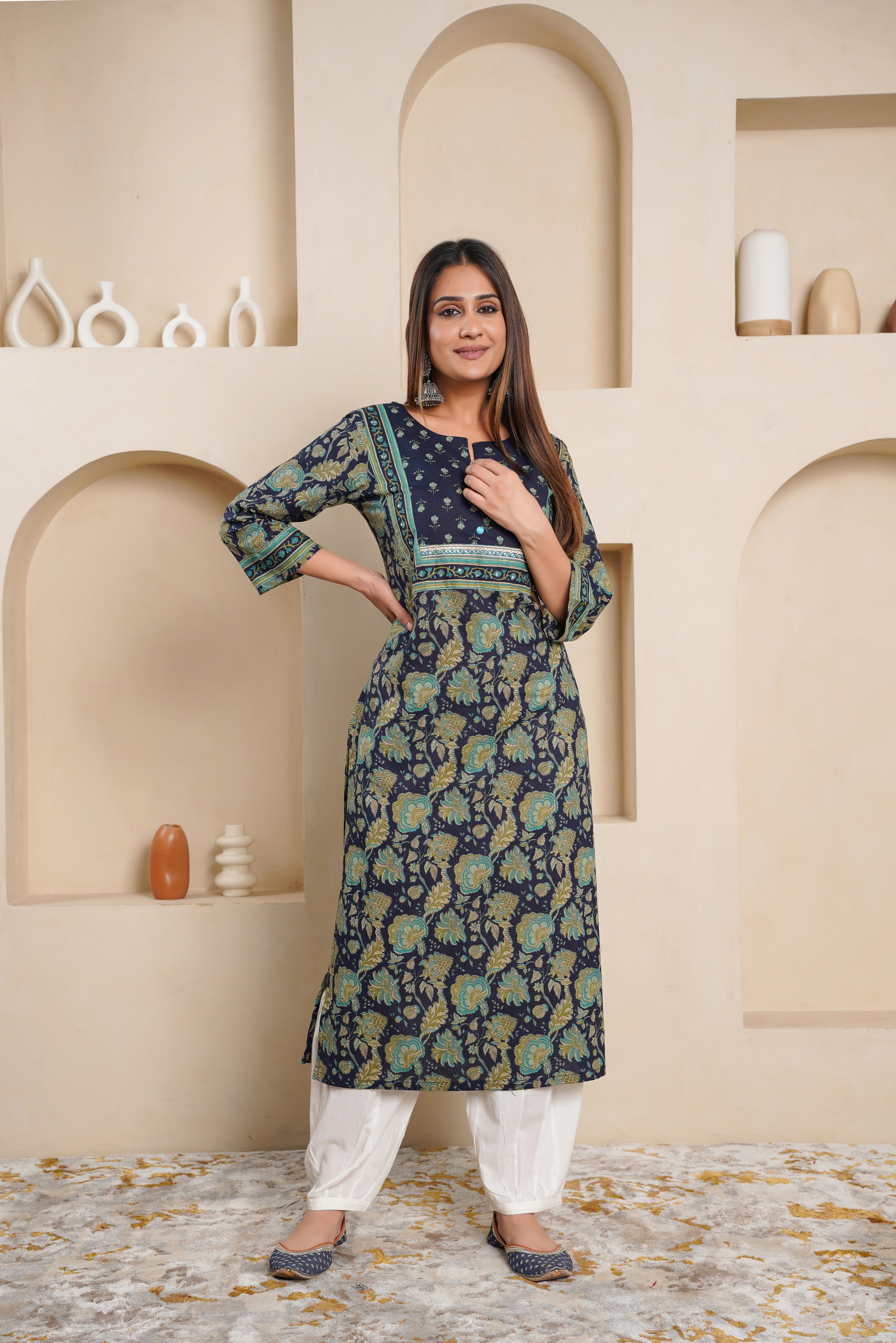 Blue Floral Printed Cotton Kurta