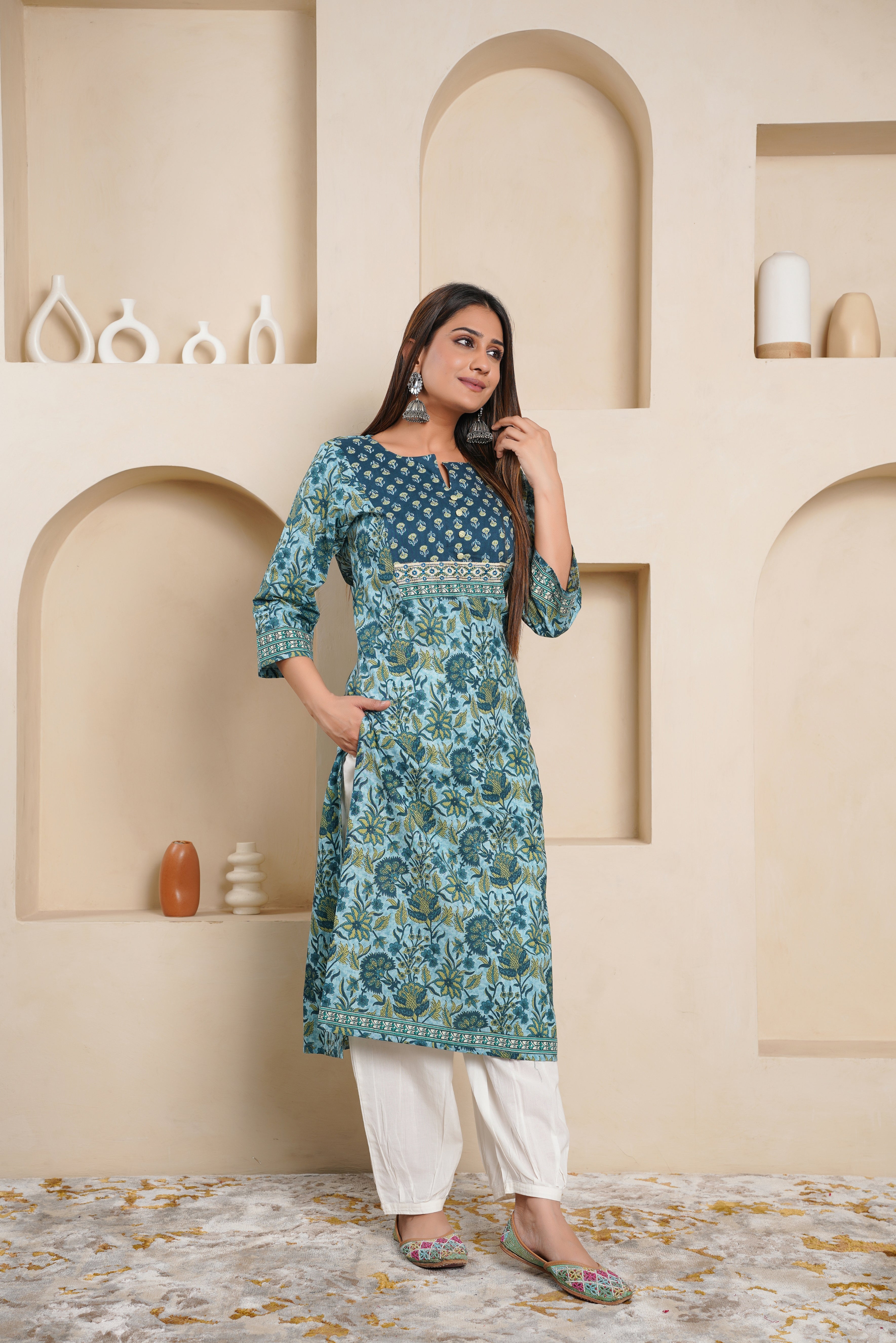 Teal Floral Printed Cotton Kurta