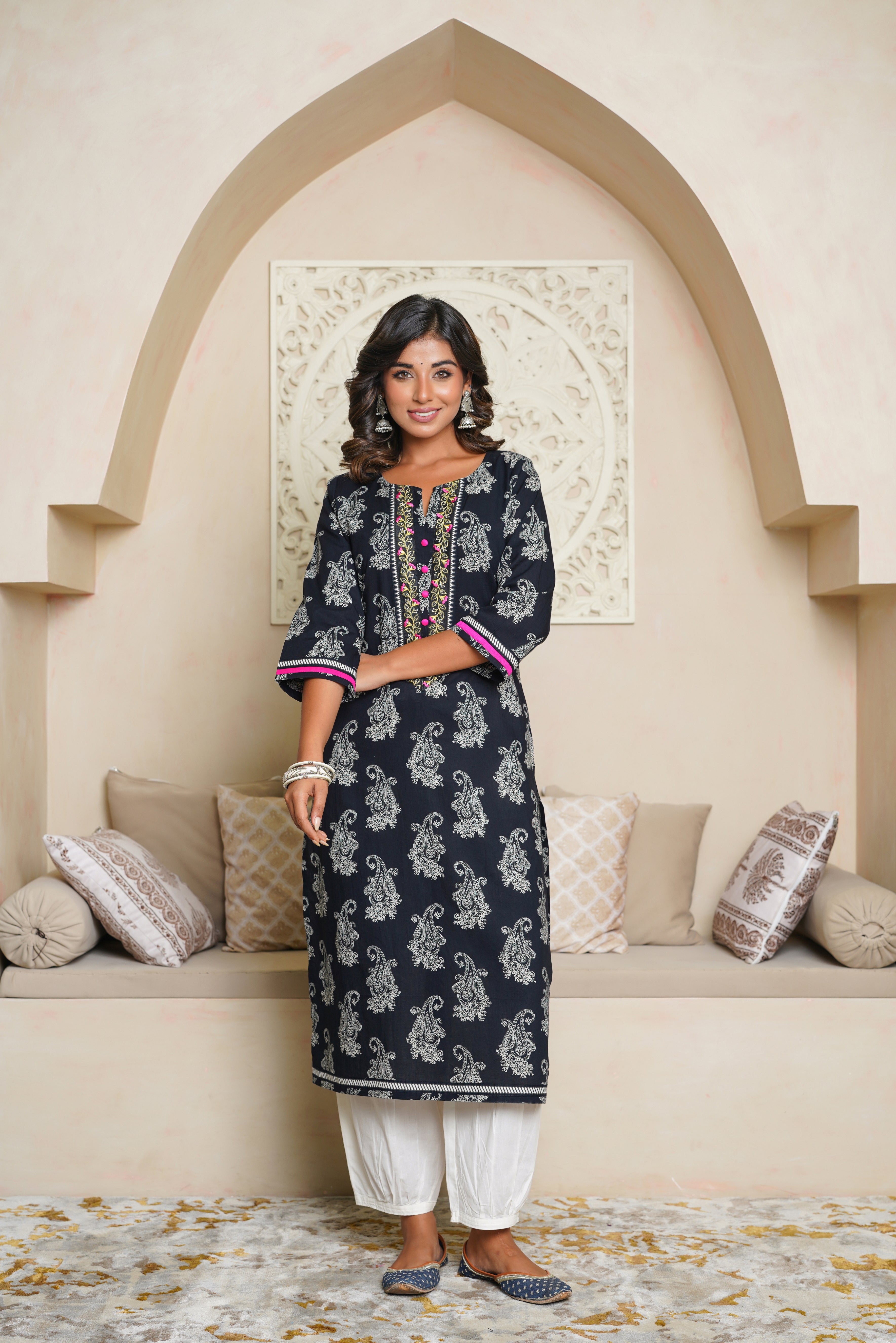 Black Motif Printed Cotton Kurta