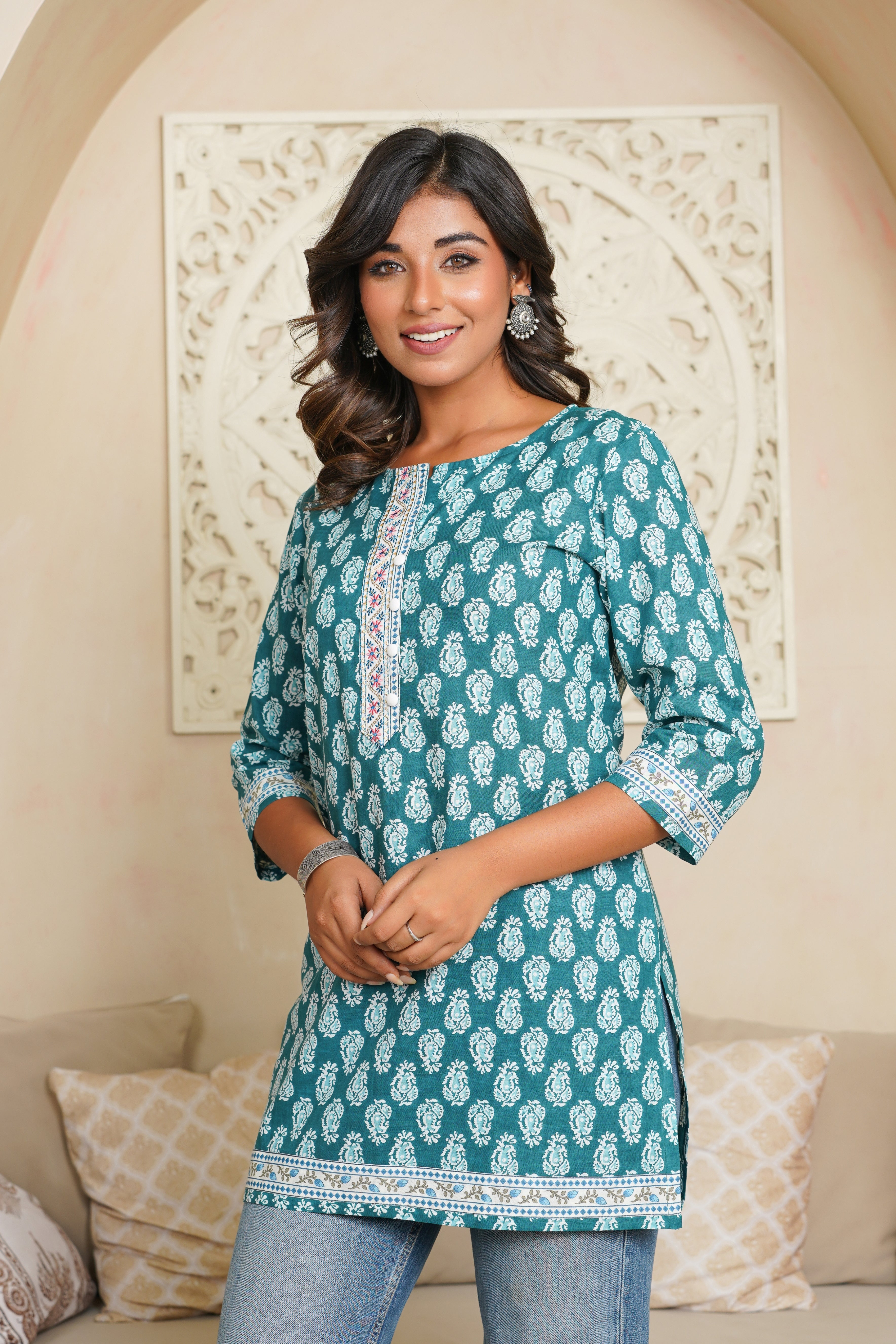 Teal Motif Printed Cotton Kurti