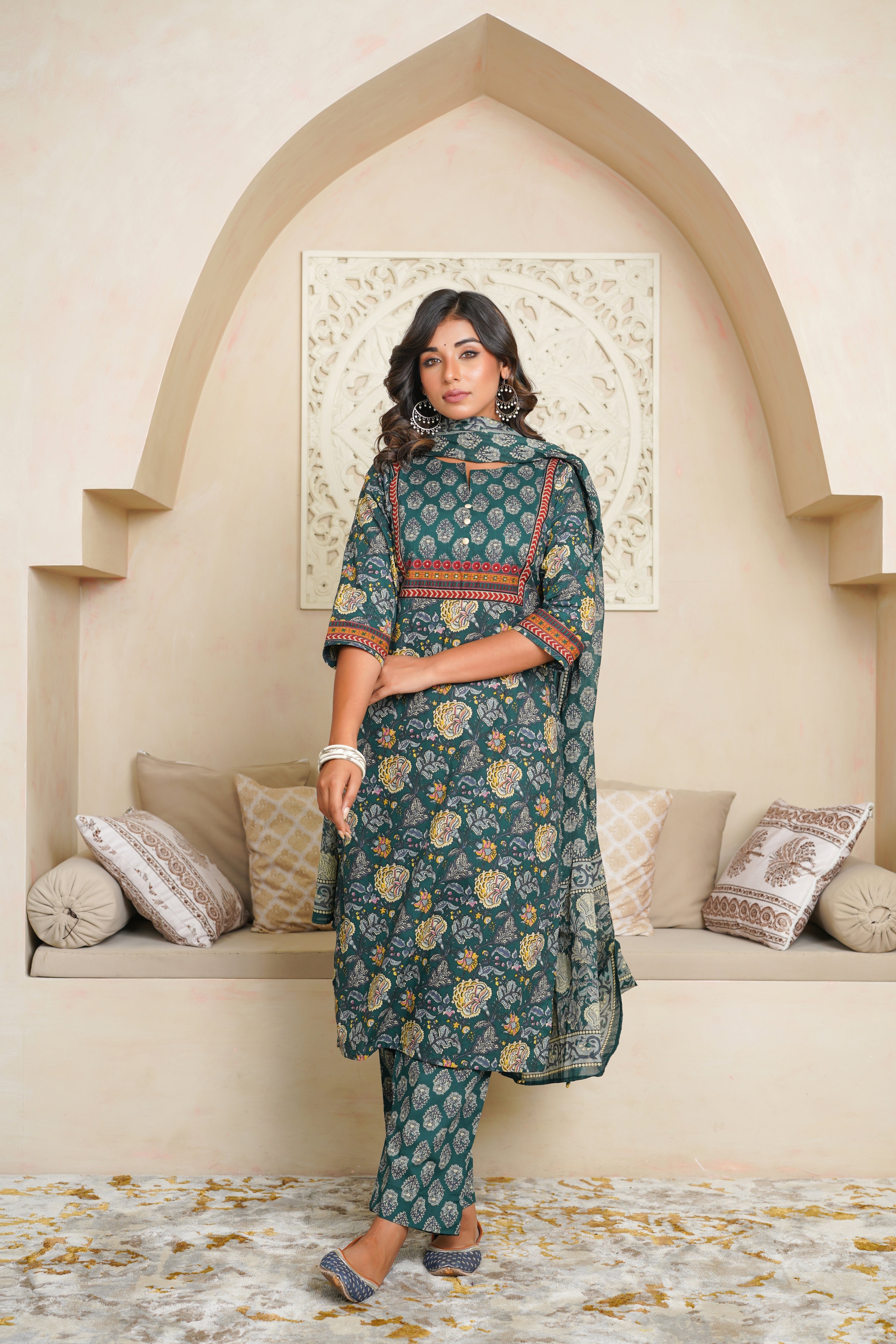 Green Floral Cotton Suit Set