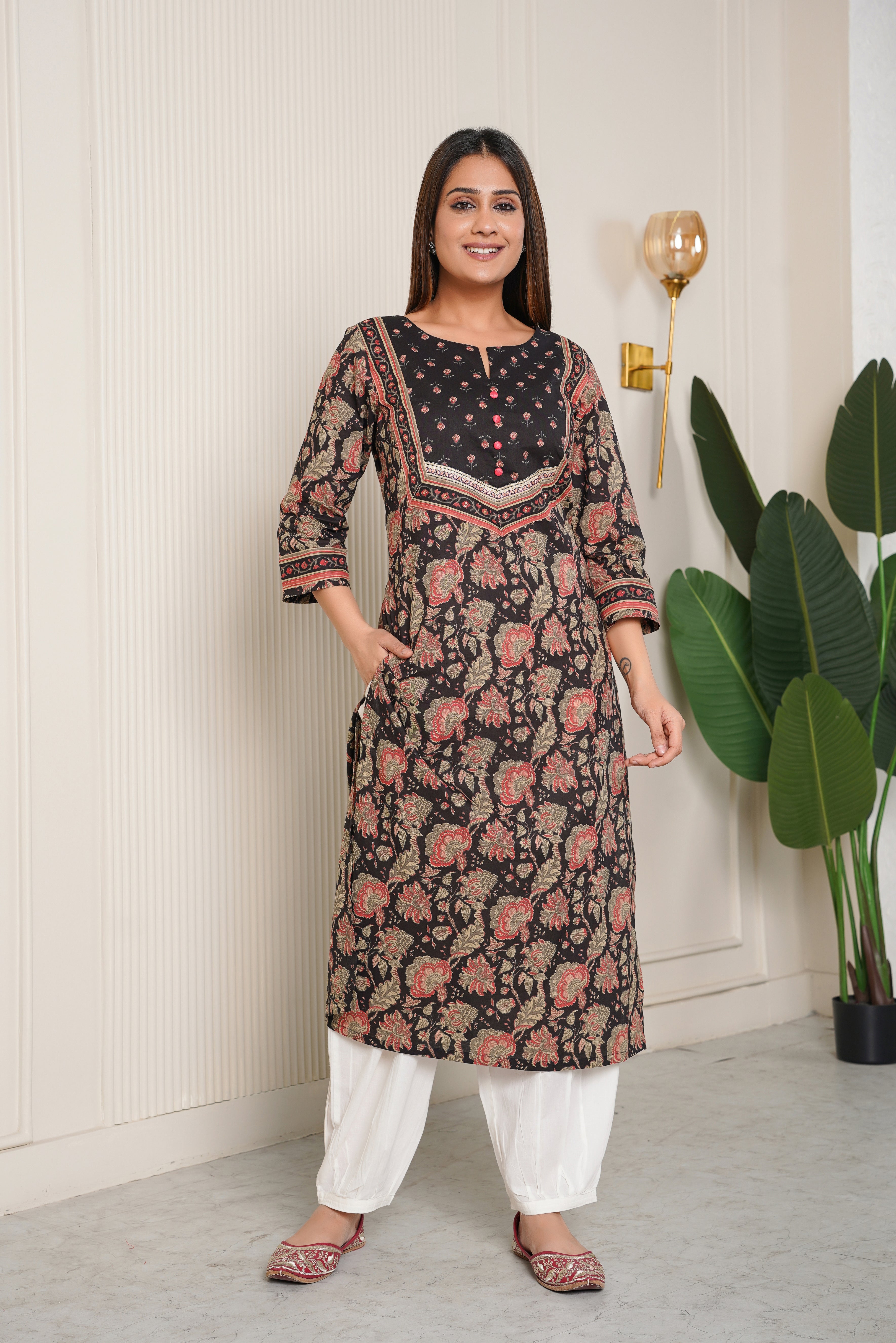 Black Floral Printed Cotton Kurta