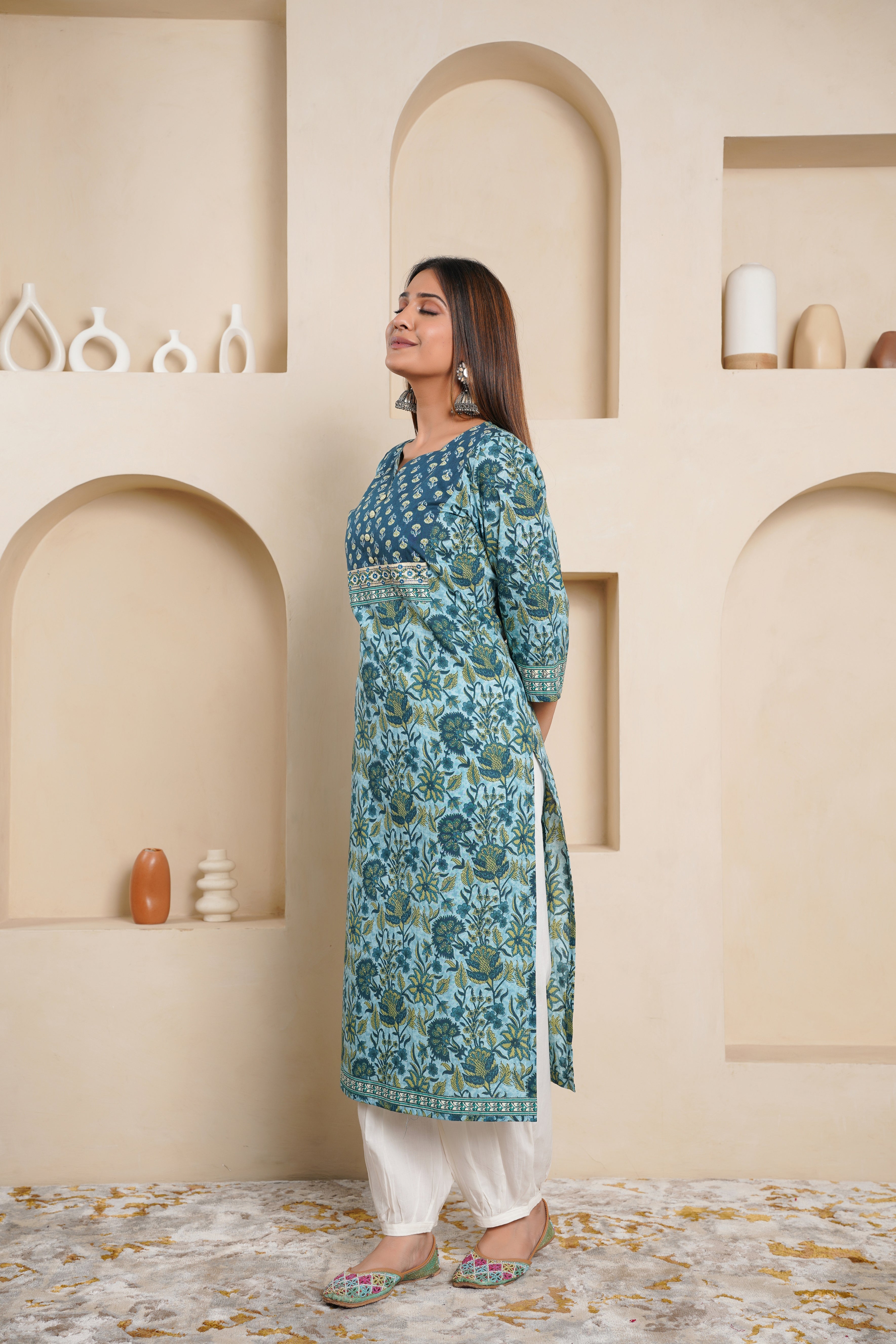 Teal Floral Printed Cotton Kurta