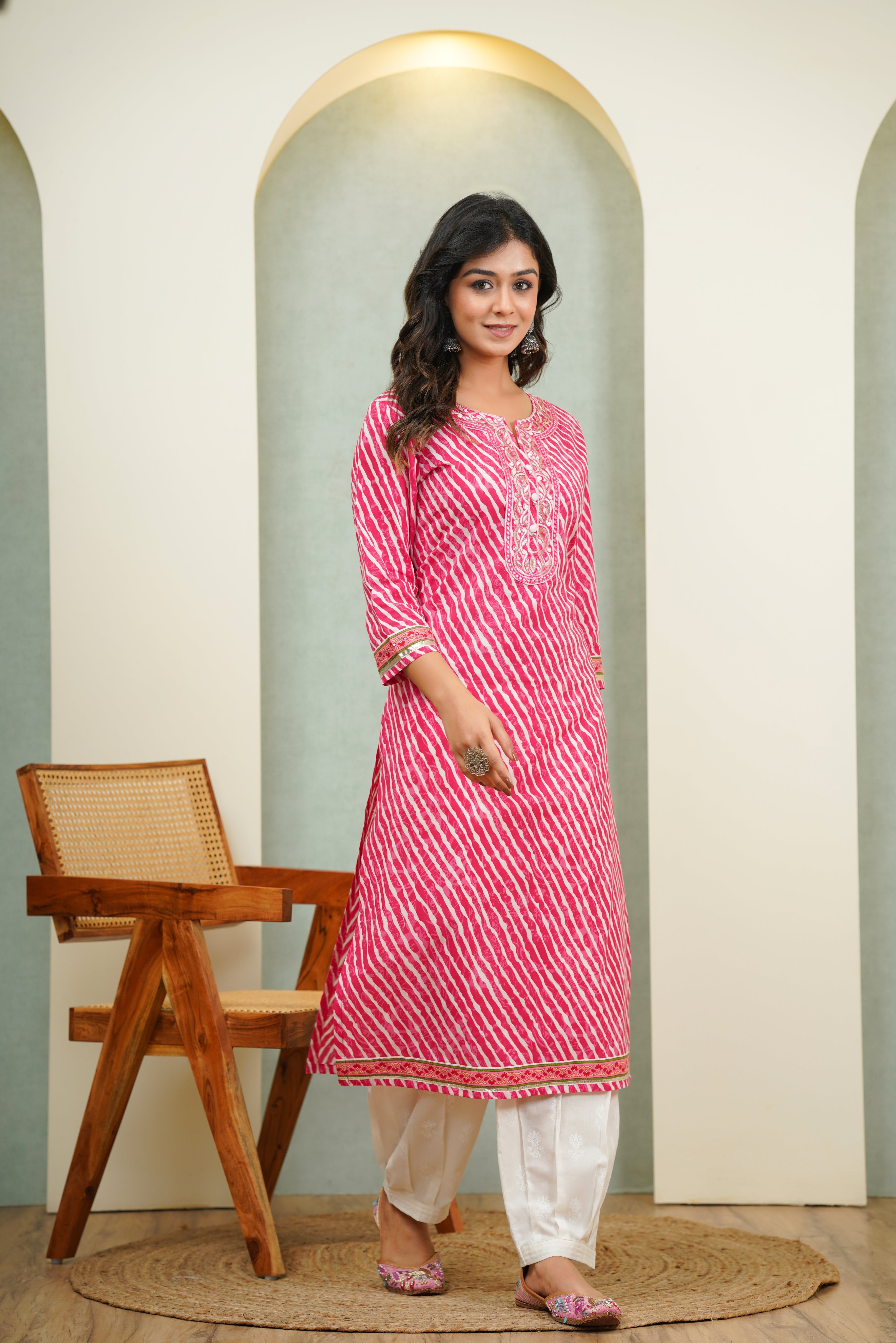 Embroidered Rani Leheriya Cotton Kurta