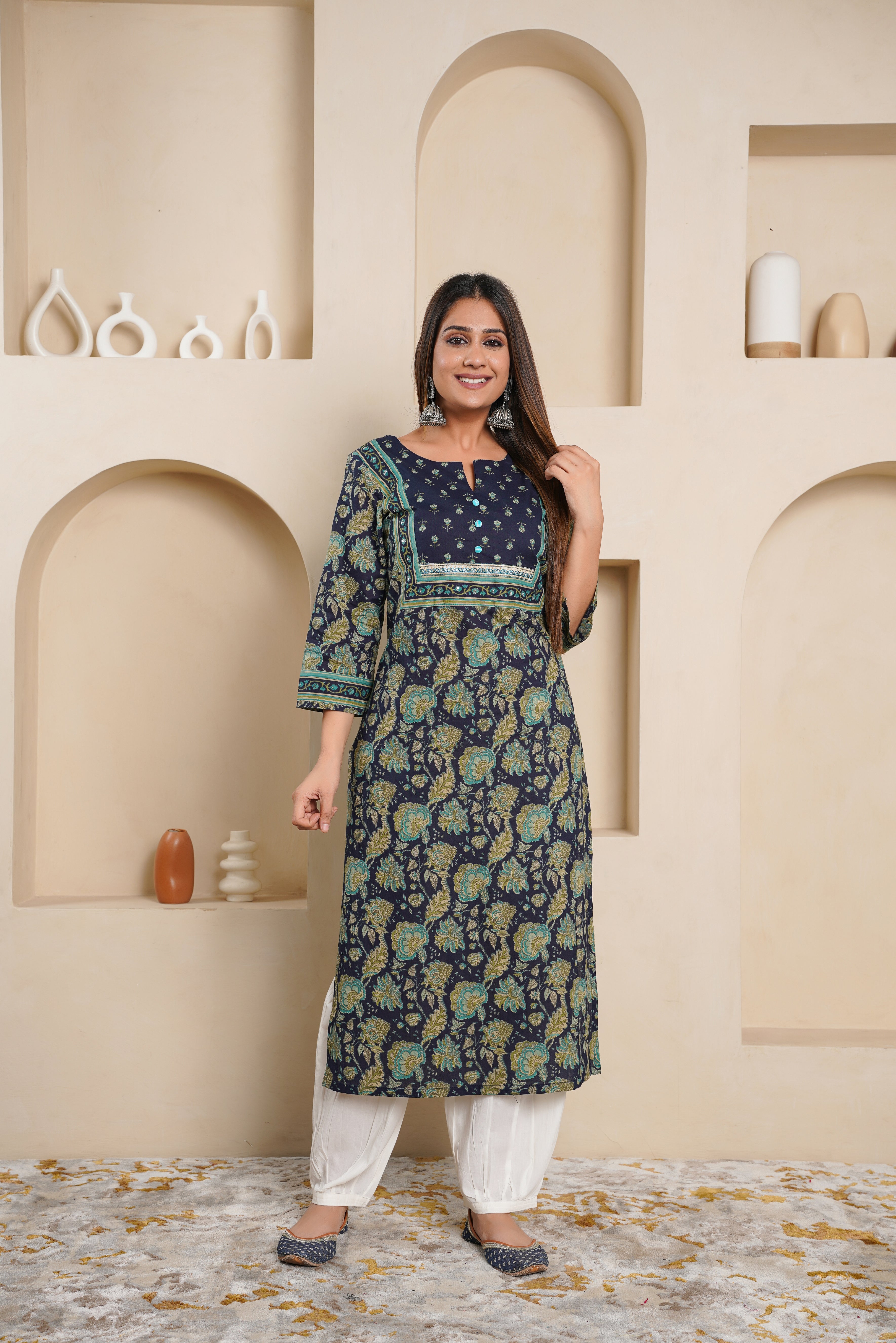 Blue Floral Printed Cotton Kurta