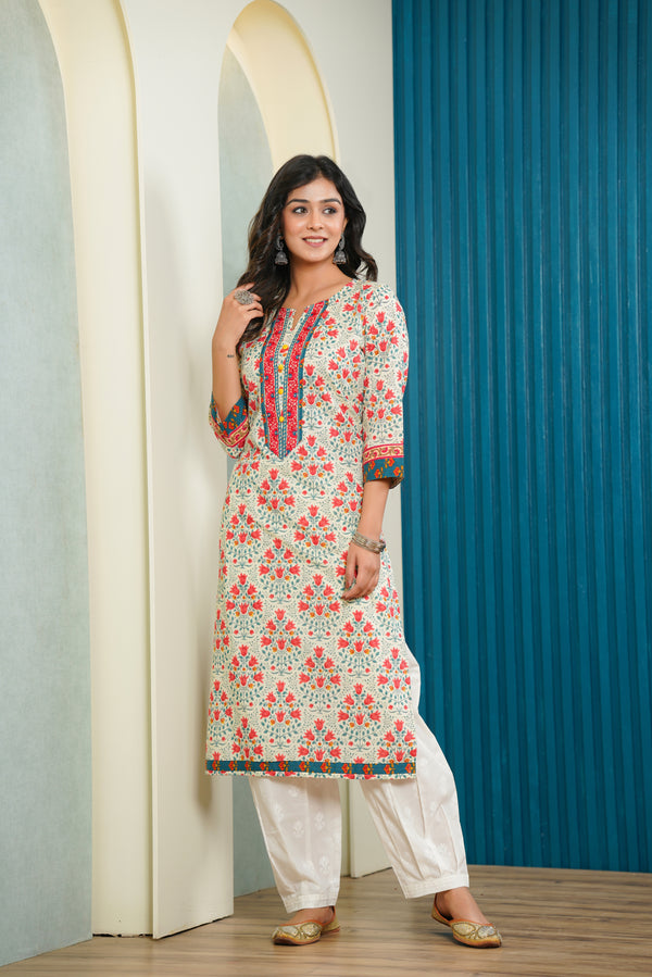 Off - White Floral Printed Cotton Kurta